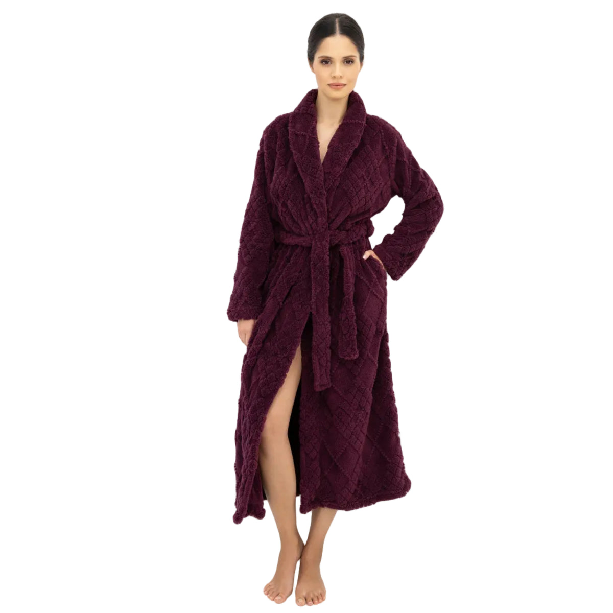Sensis Rosira Cozy Robe in Burgundy with plush diamond texture, shawl collar and adjustable tie belt