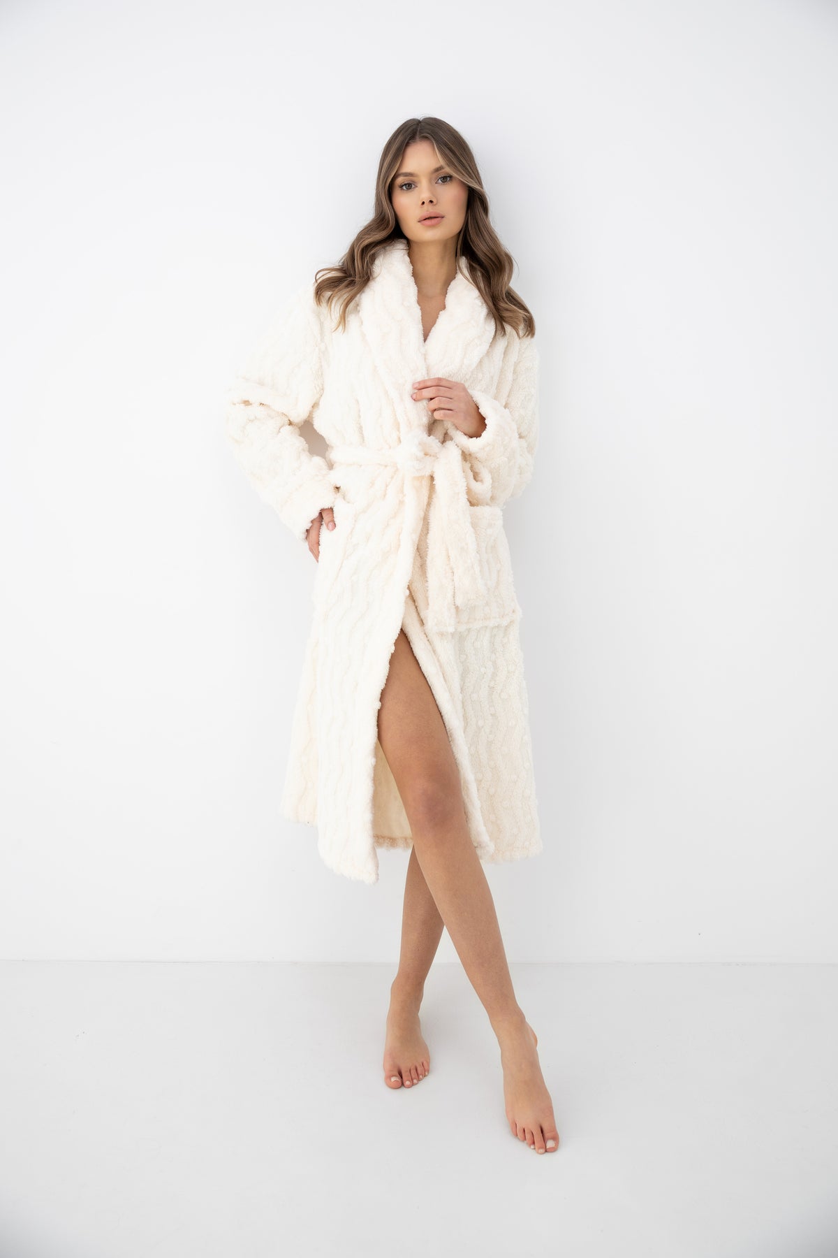 Sensis Solene Ivory women's cozy bathrobe with front pockets and adjustable belt