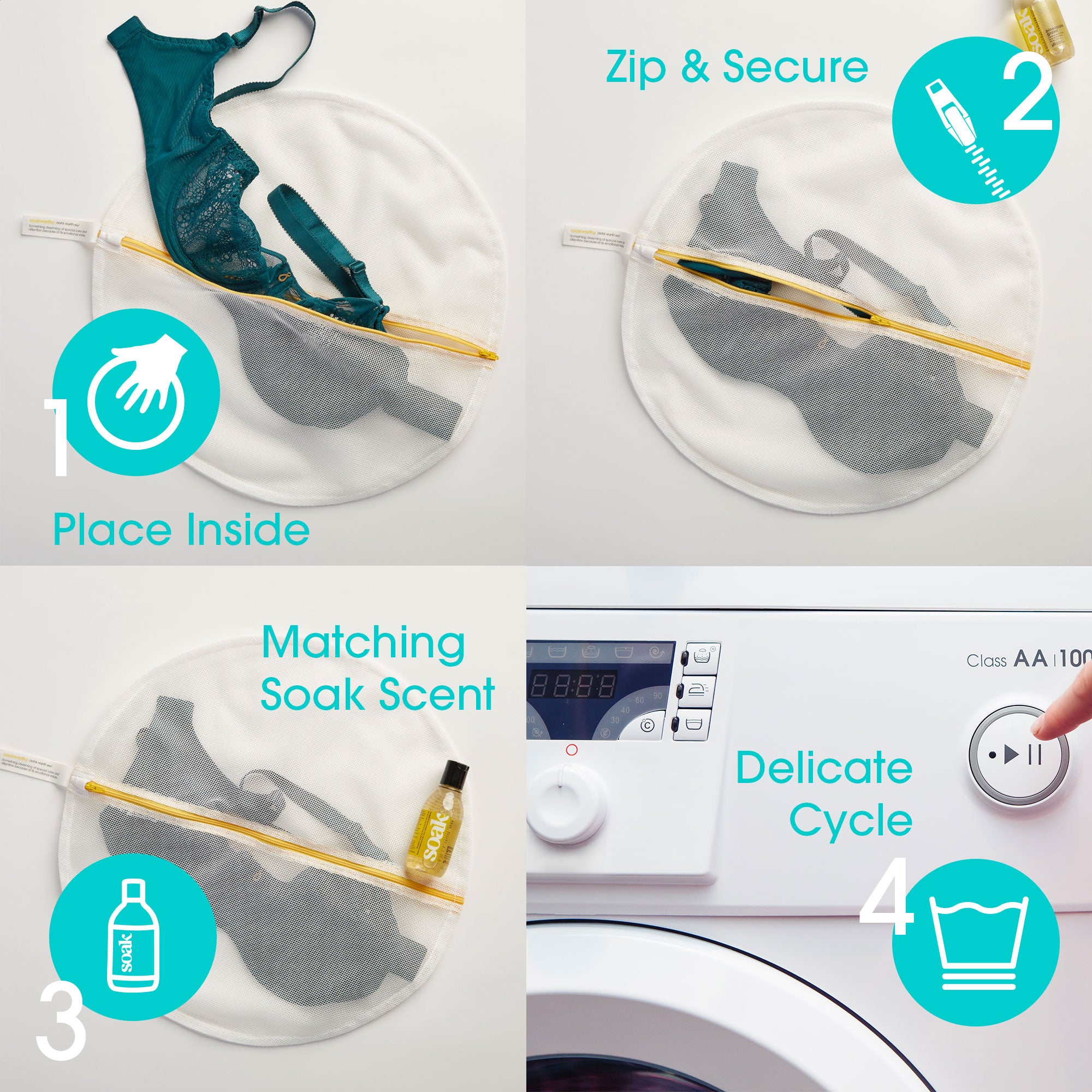 Step-by-step guide on how to use a laundry bag with washing machine. Place inside, zip & secure, match soak detergent, and then turn your machine on delicate cycle to wash or dry.