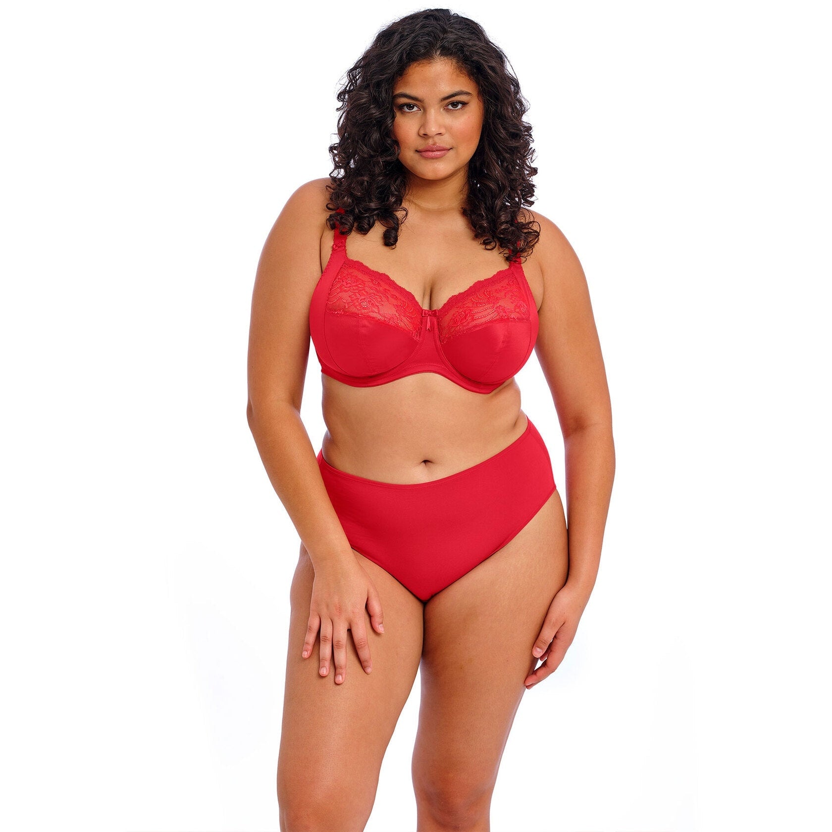 Elomi Morgan in Haute Red on model with matching underwear.