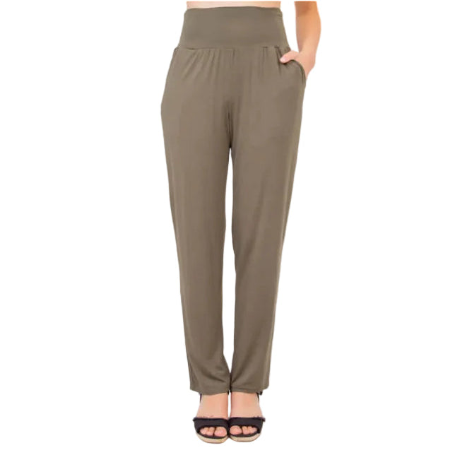 Blue Sky Clair bamboo pants in khaki shown on a model against a white background, from the front view.