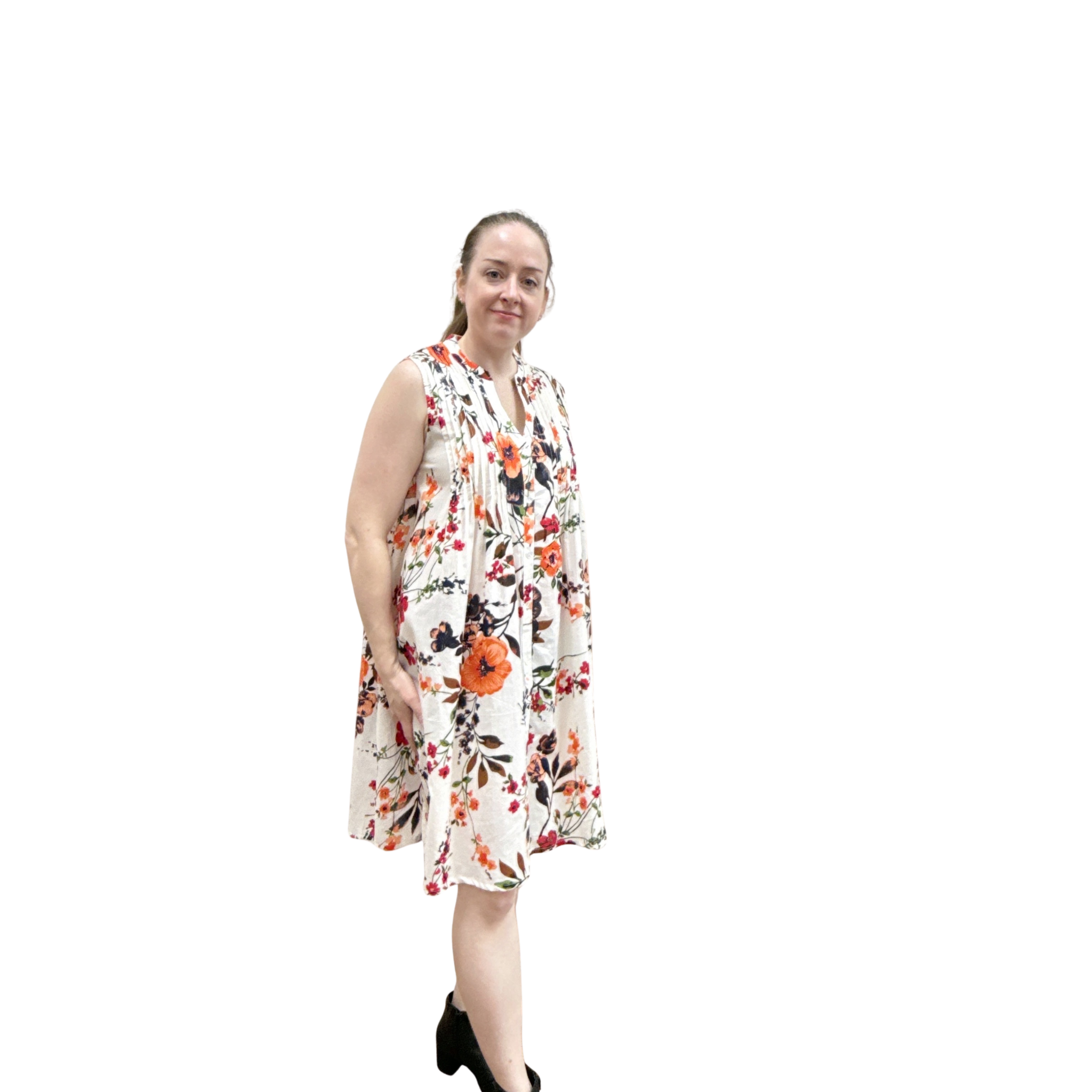 Woman wearing a floral dress on a white background