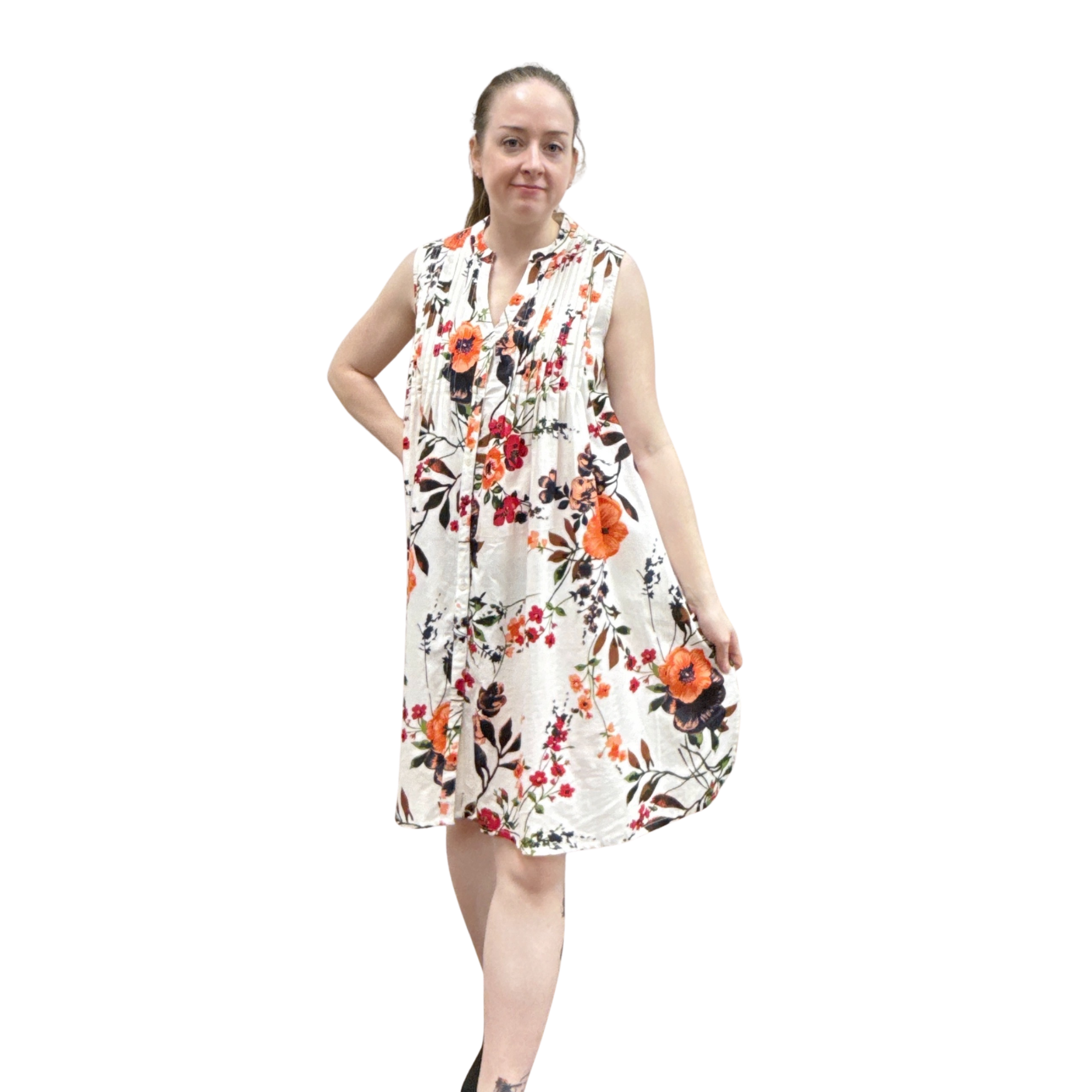 Woman wearing a floral dress on a white background
