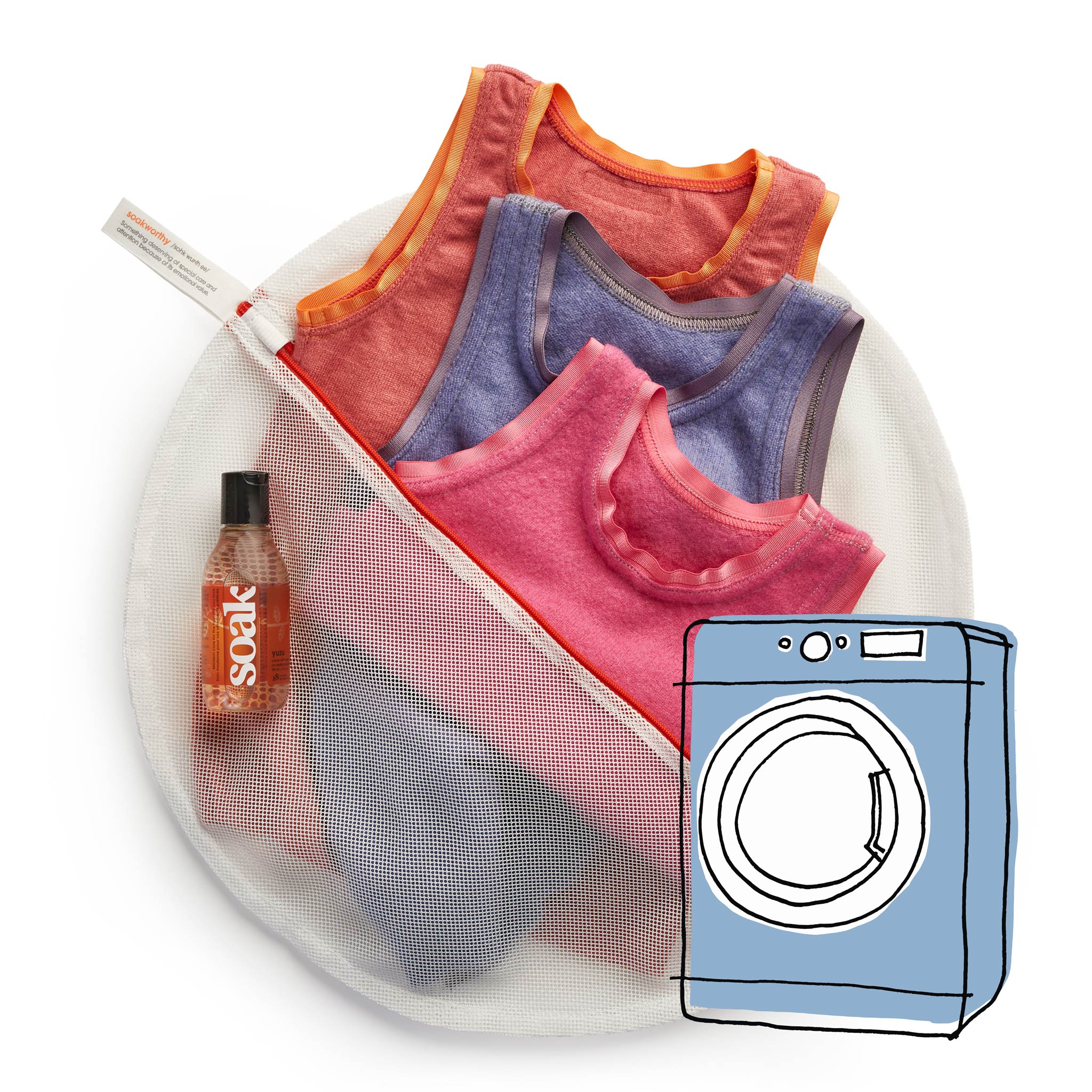 Soak Eco Wash bag shown with Soak detergent and clothing with a graphic of a washing machine to demonstrate that it can be used in the washing machine.