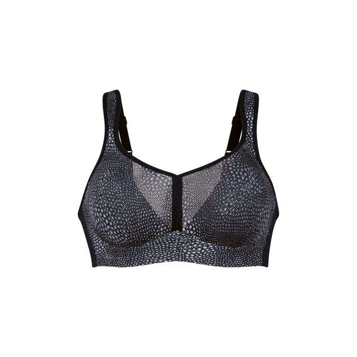 Black patterned sports bra on a white background