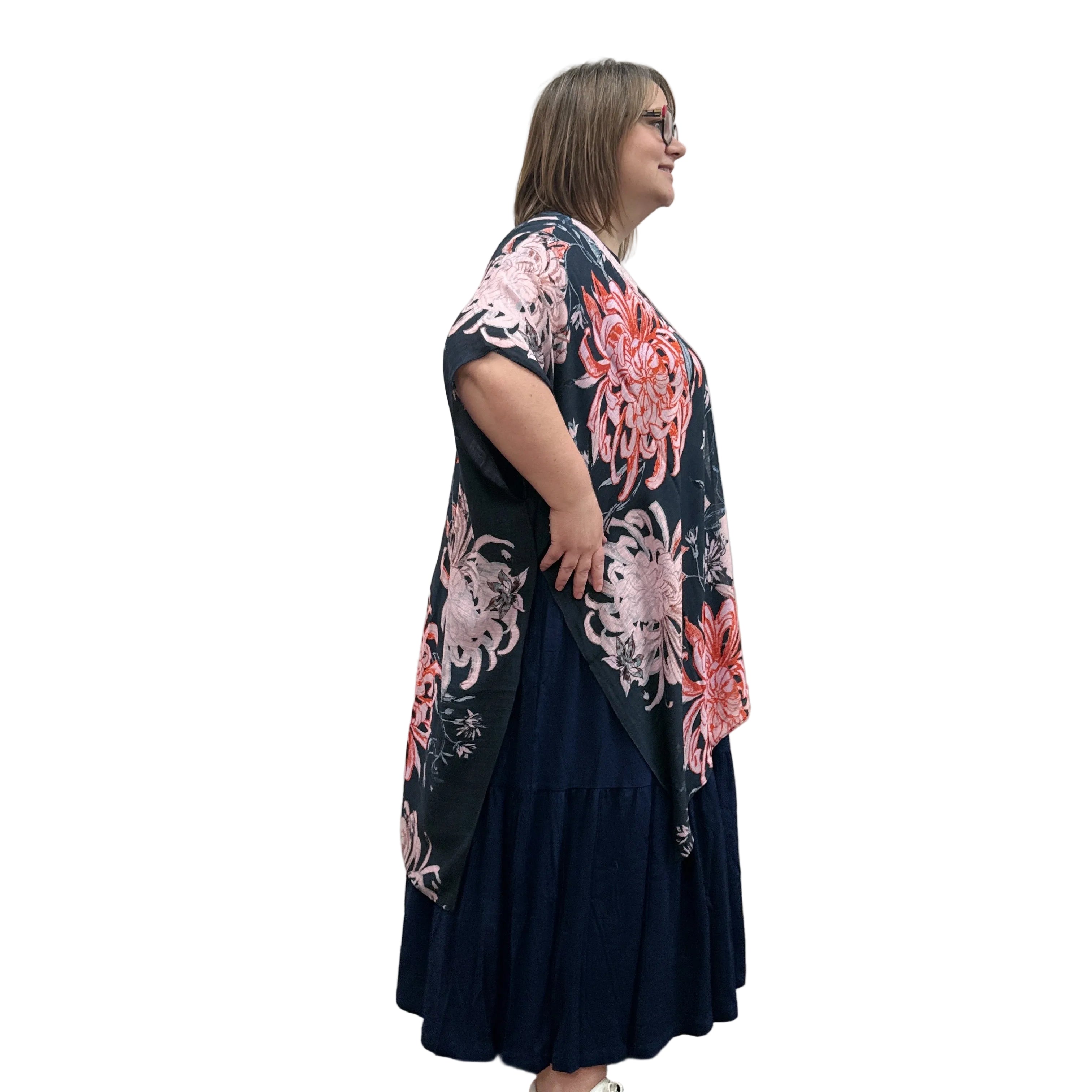Woman wearing a floral Blue Sky Darcy kimono on a white background.