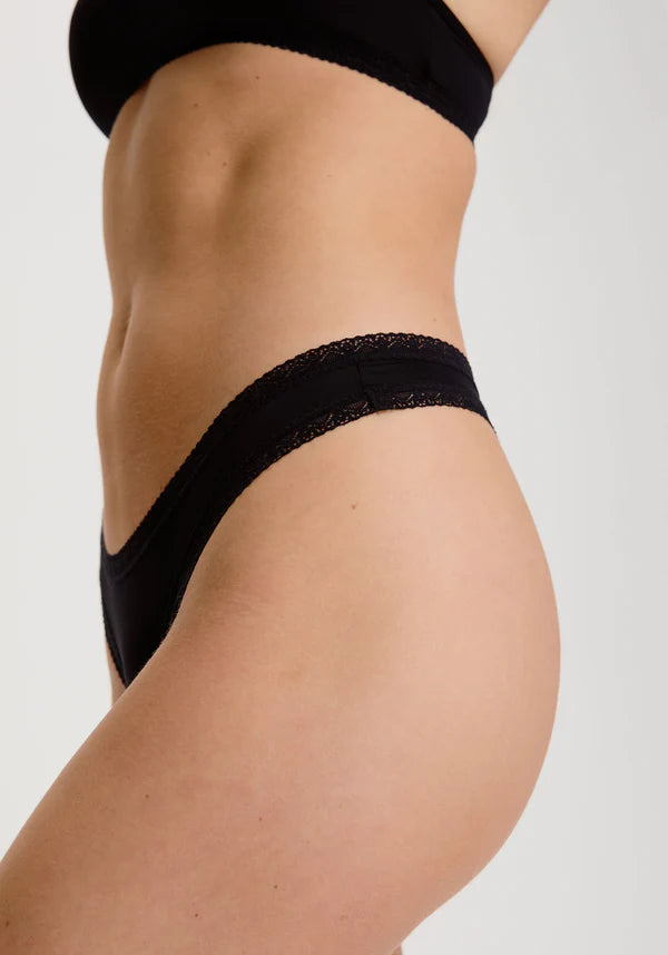 Black thong worn by a person on a plain background showing the side view.