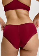 Back View of the Rosewood Dark Red Hipster Panties in soft microfibre fabric with a low rise and lace trim.