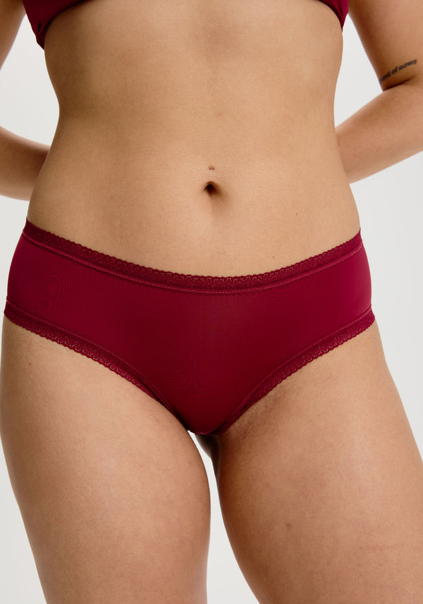Rosewood Dark Red Hipster Panties in soft microfibre fabric with a low rise and lace trim.