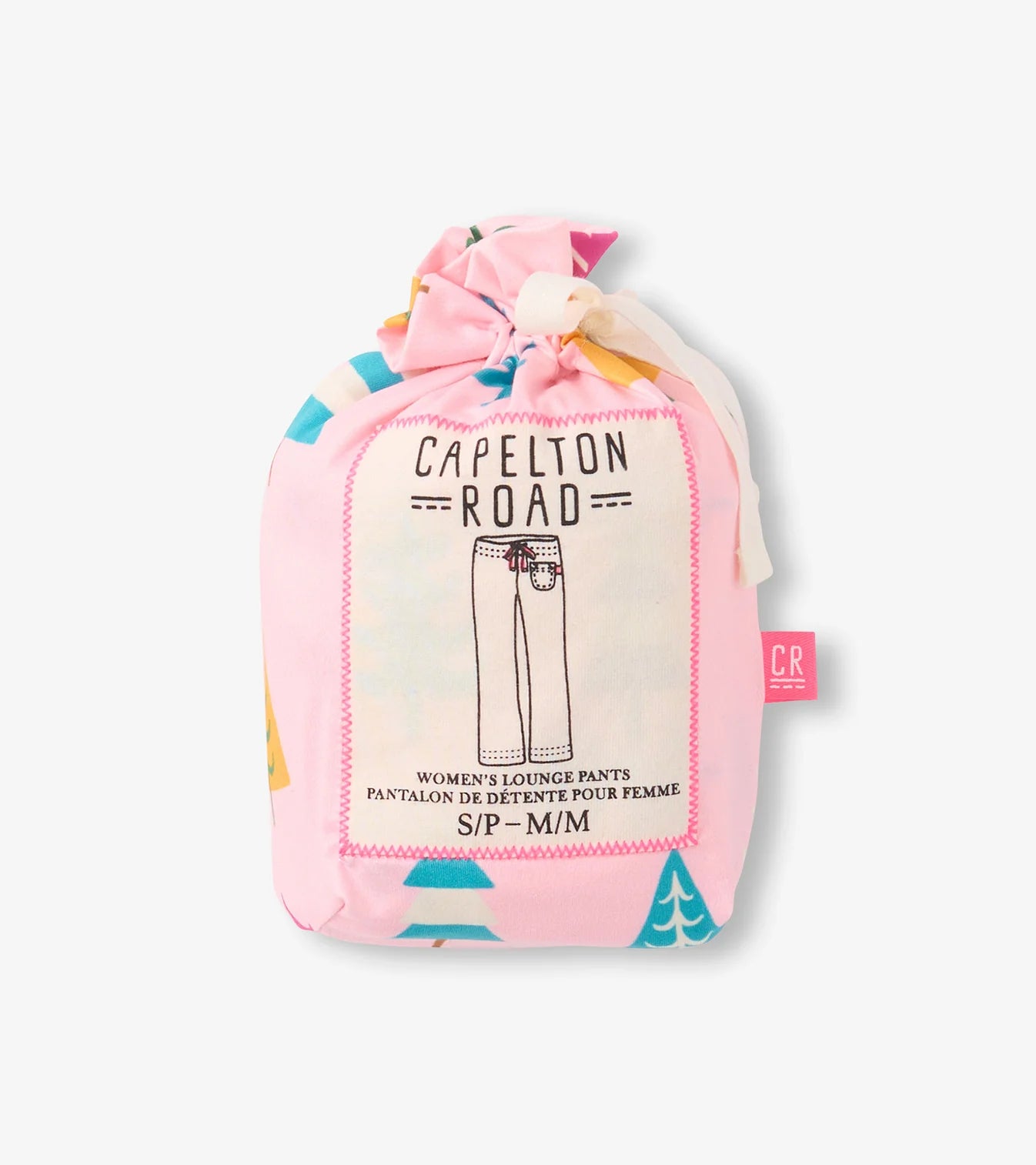 Pink drawstring bag with 'Capelton Road' branding on a white background