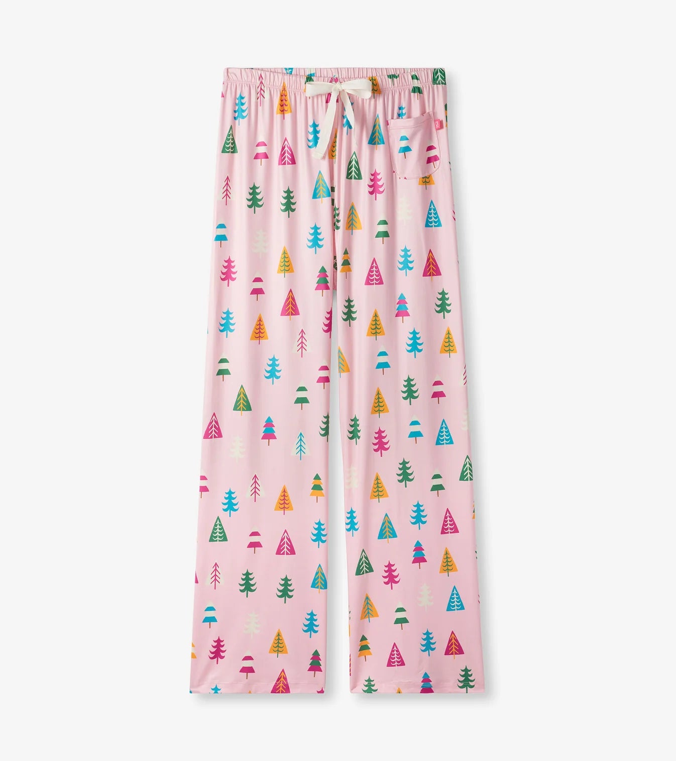 Pink pajama pants with colorful tree pattern on a white background