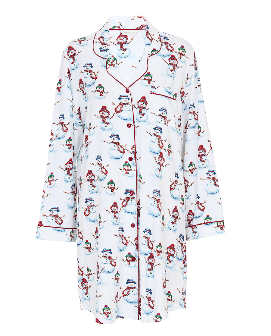 Long-sleeve pajama top with snowman pattern on a white background