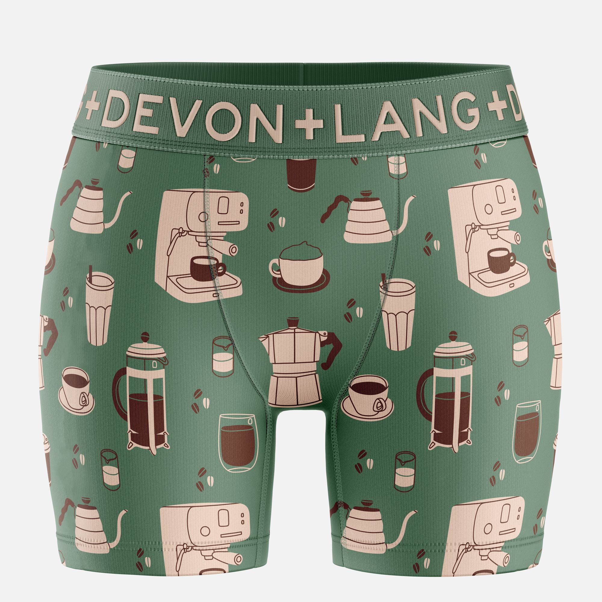 Green boxer briefs with coffee-themed pattern and 'Devon + Lang' branding.