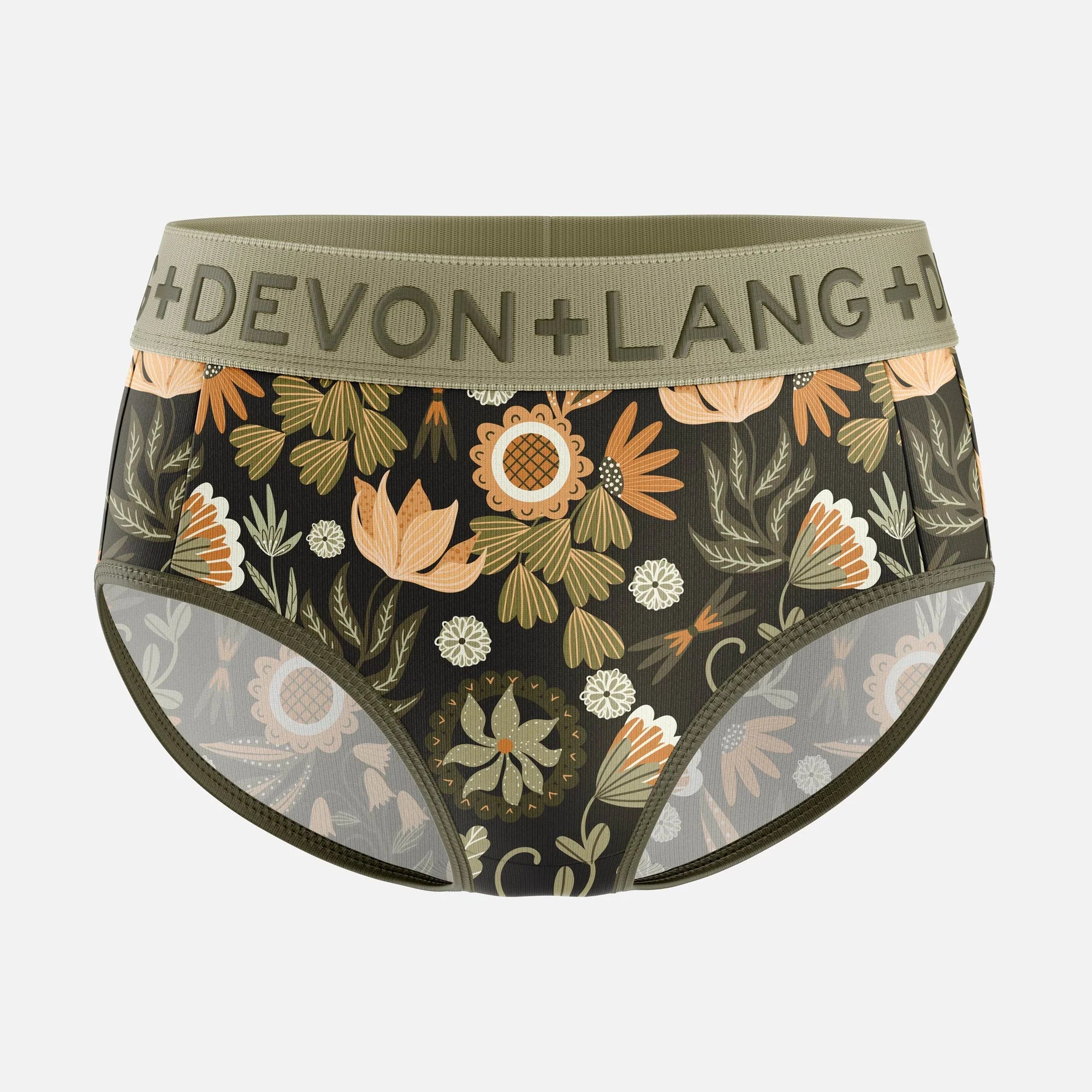 Floral-patterned underwear with 'Devon +Lang' waistband on a white background