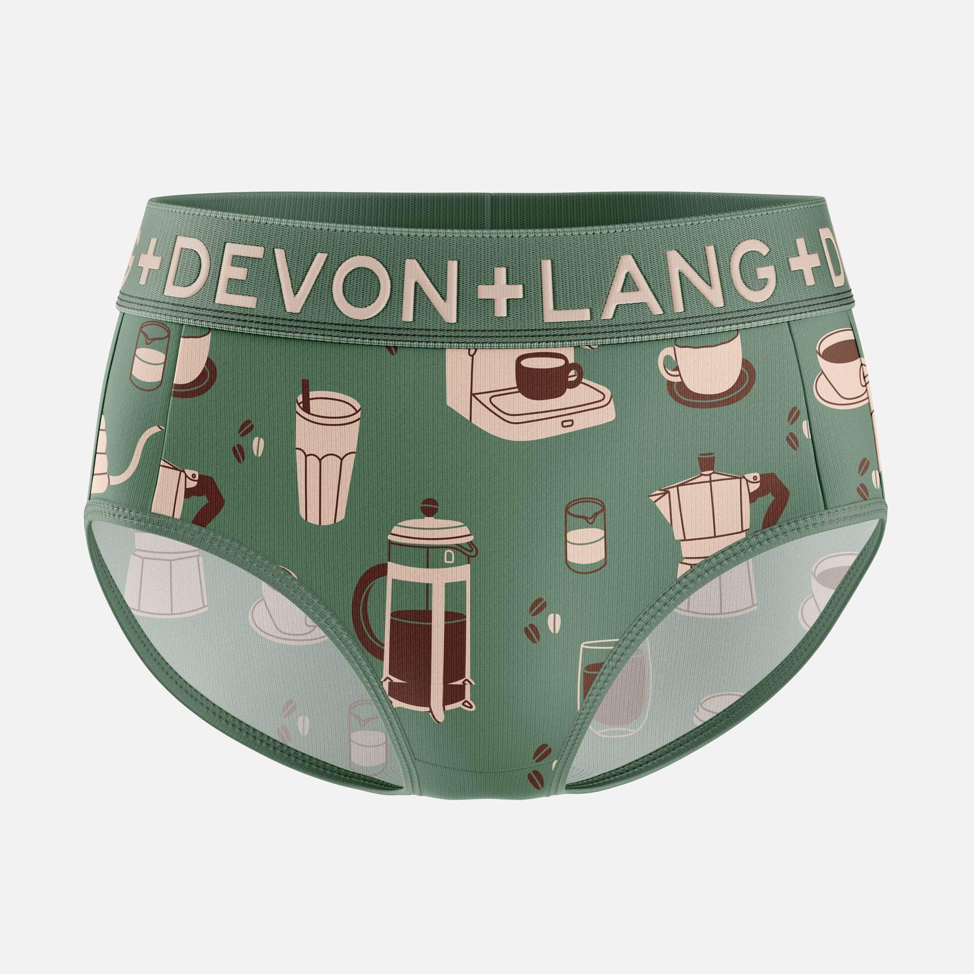 Green underwear with coffee-themed pattern and 'Devon Lang' branding on a white background