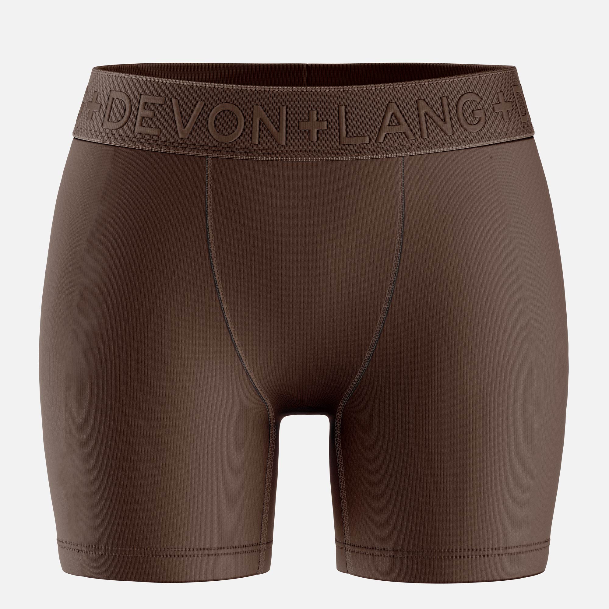 Brown boxer briefs with 'Devon + Lang' waistband on a white background