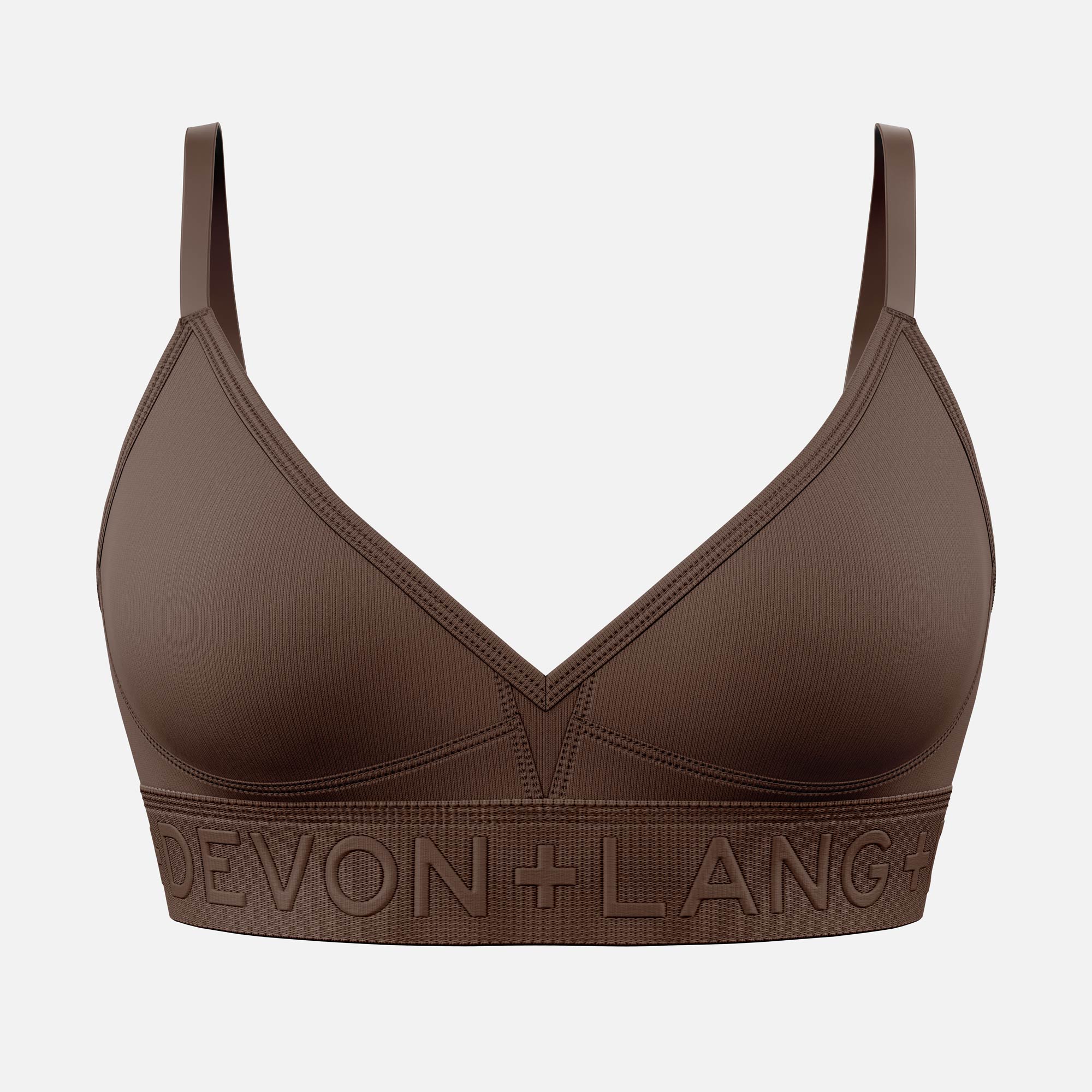 Brown bra with 'Devon + Lang' branding on a light gray background