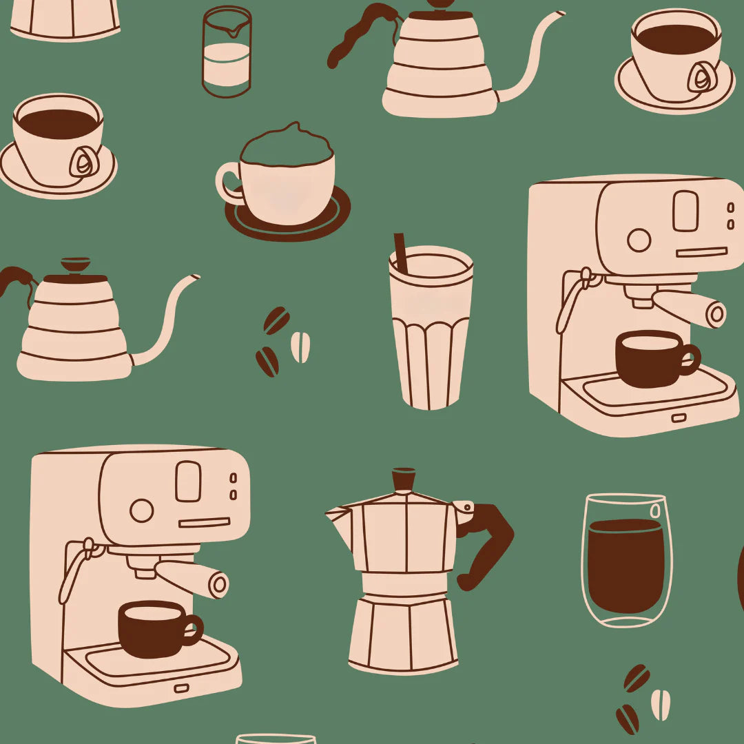 Pattern of coffee-themed illustrations including cups, espresso machines, and coffee pots on a green background.