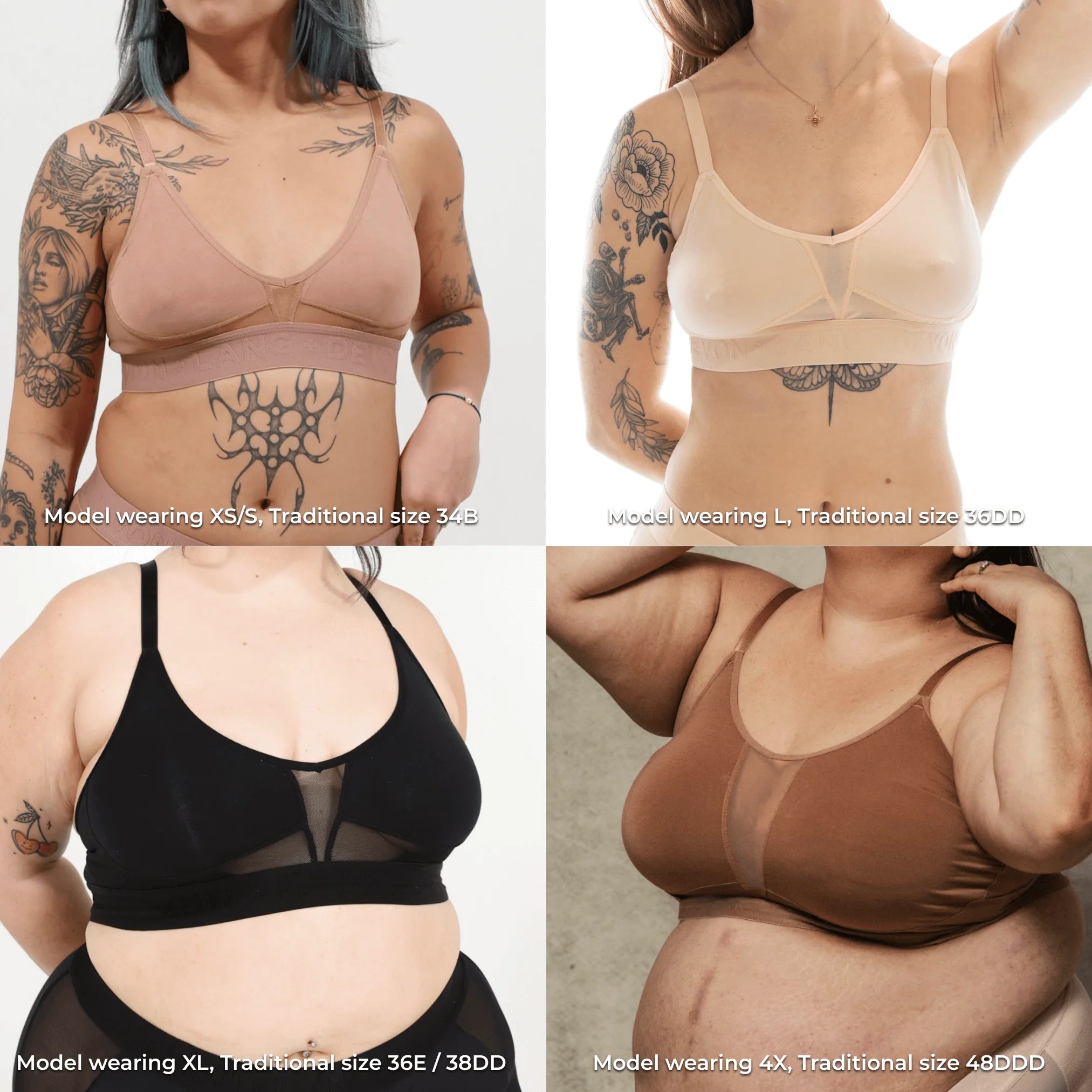 Four images showing a person wearing different sizes of bras.