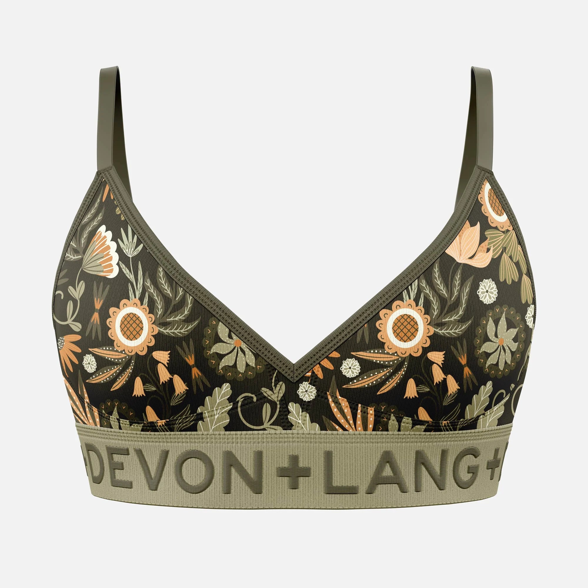 Floral-patterned sports bra with 'Devon +Lang' branding on a light gray background