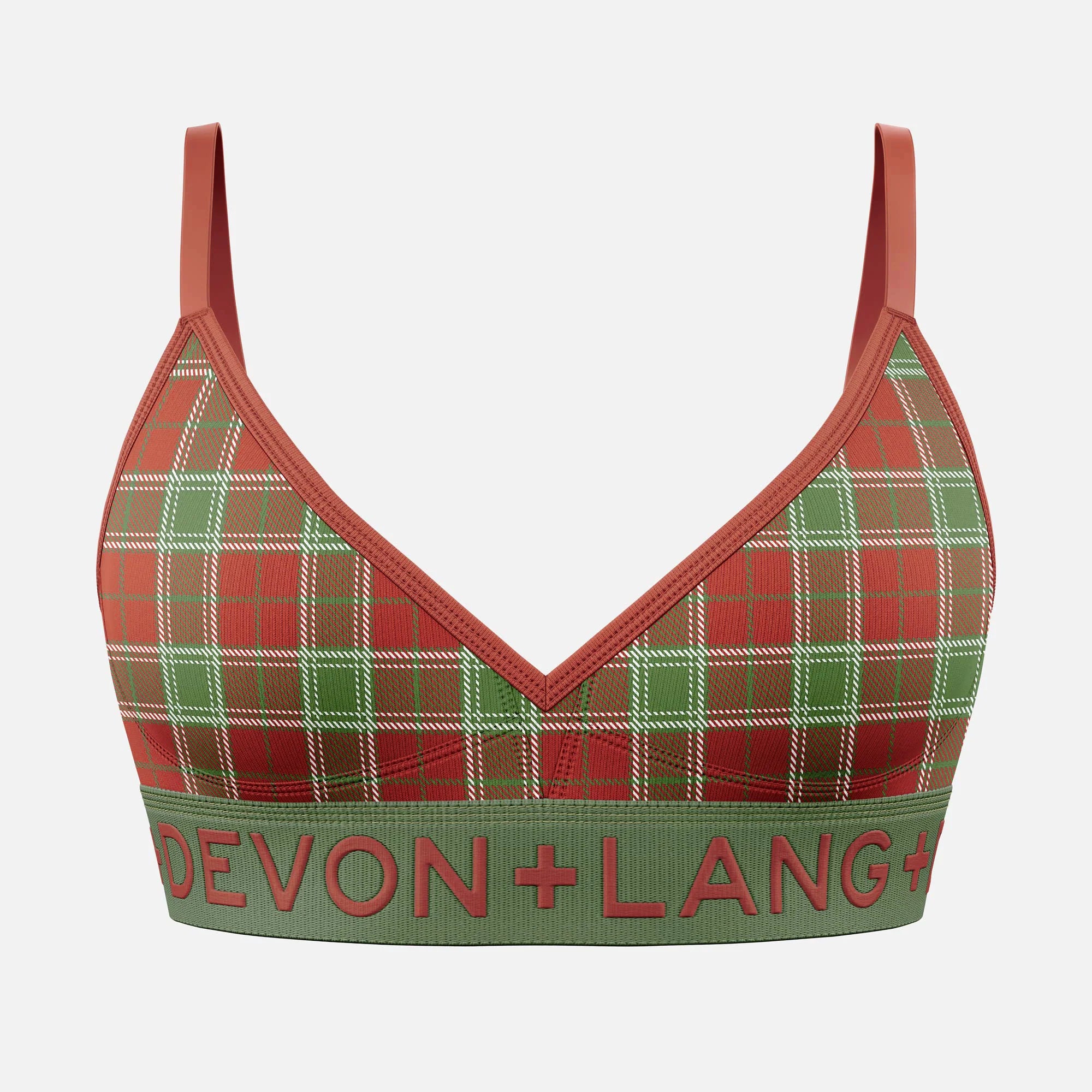 Plaid patterned bralette with 'Devon + Lang' branding on a light gray background