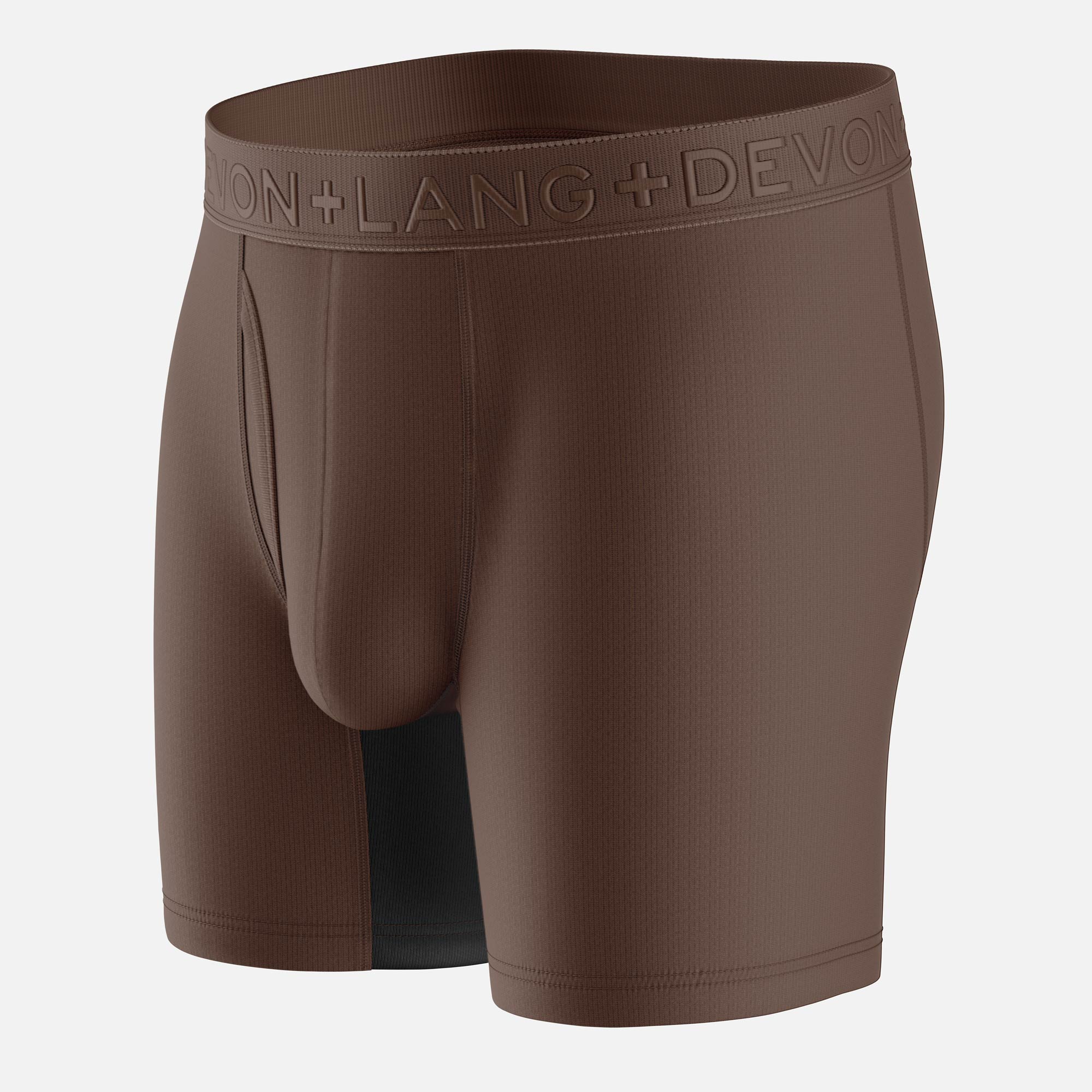 Brown boxer briefs with a brand logo on a light gray background