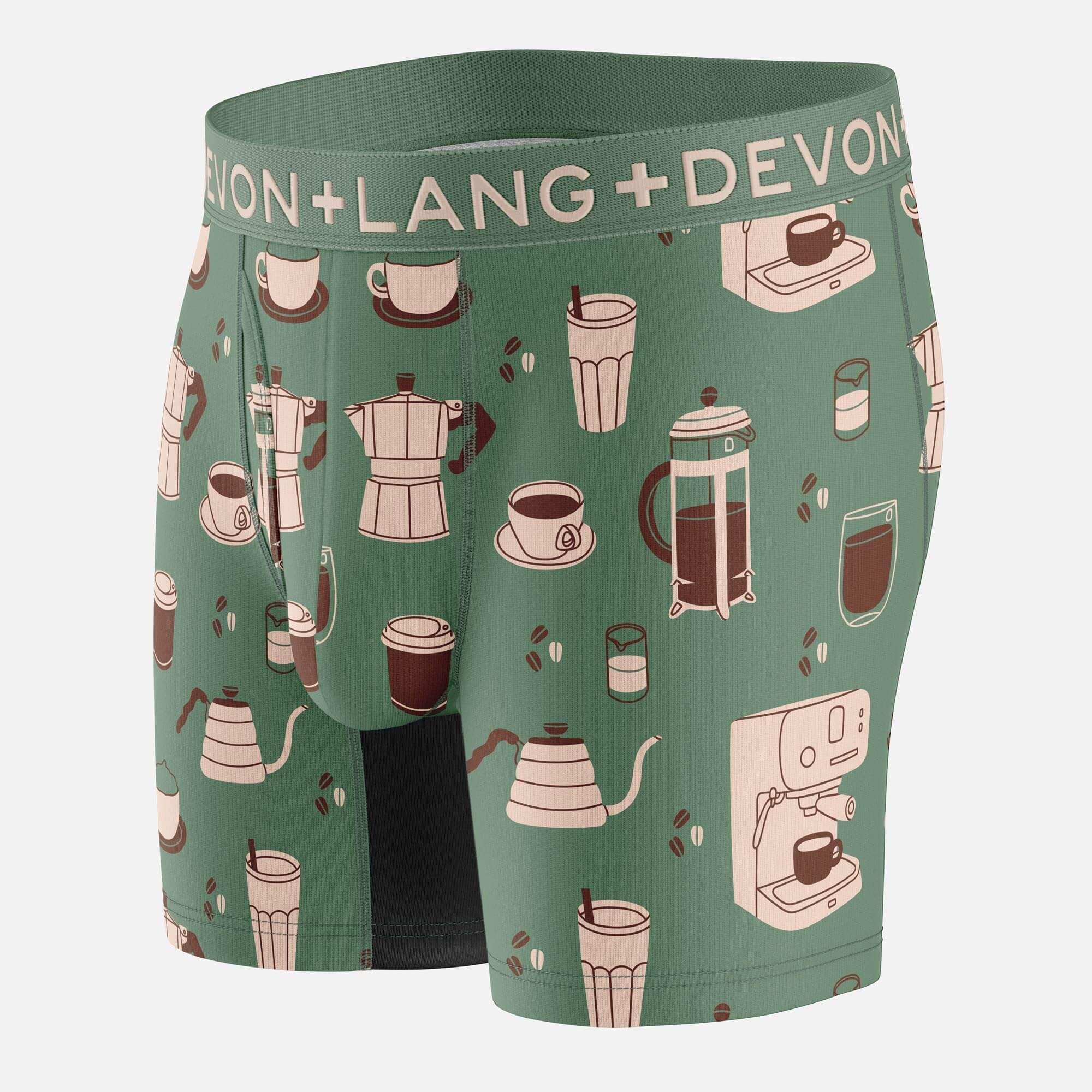 Green boxer briefs with coffee-themed pattern on a white background