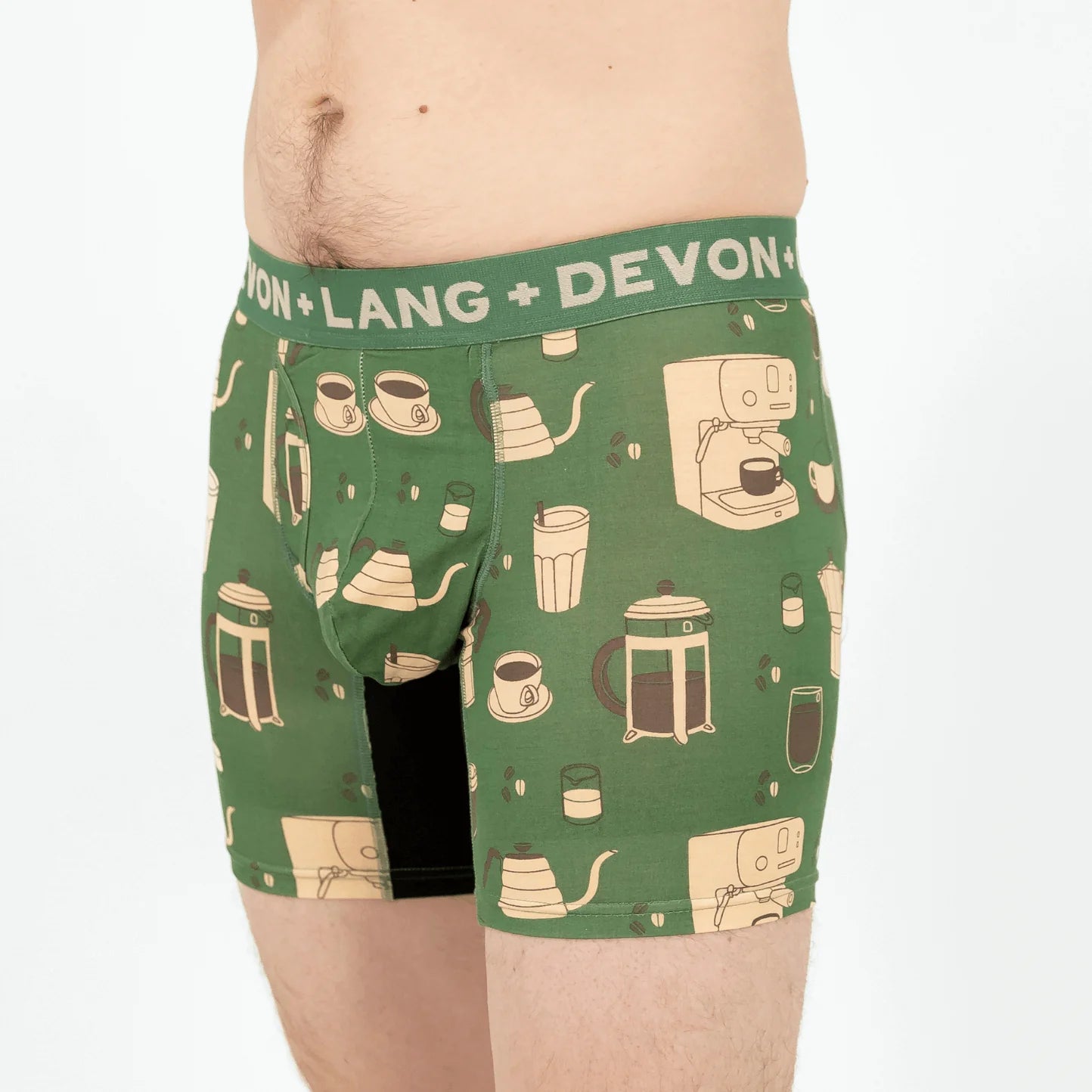 Green boxer briefs with coffee-themed design and 'Devon + Lang' branding.