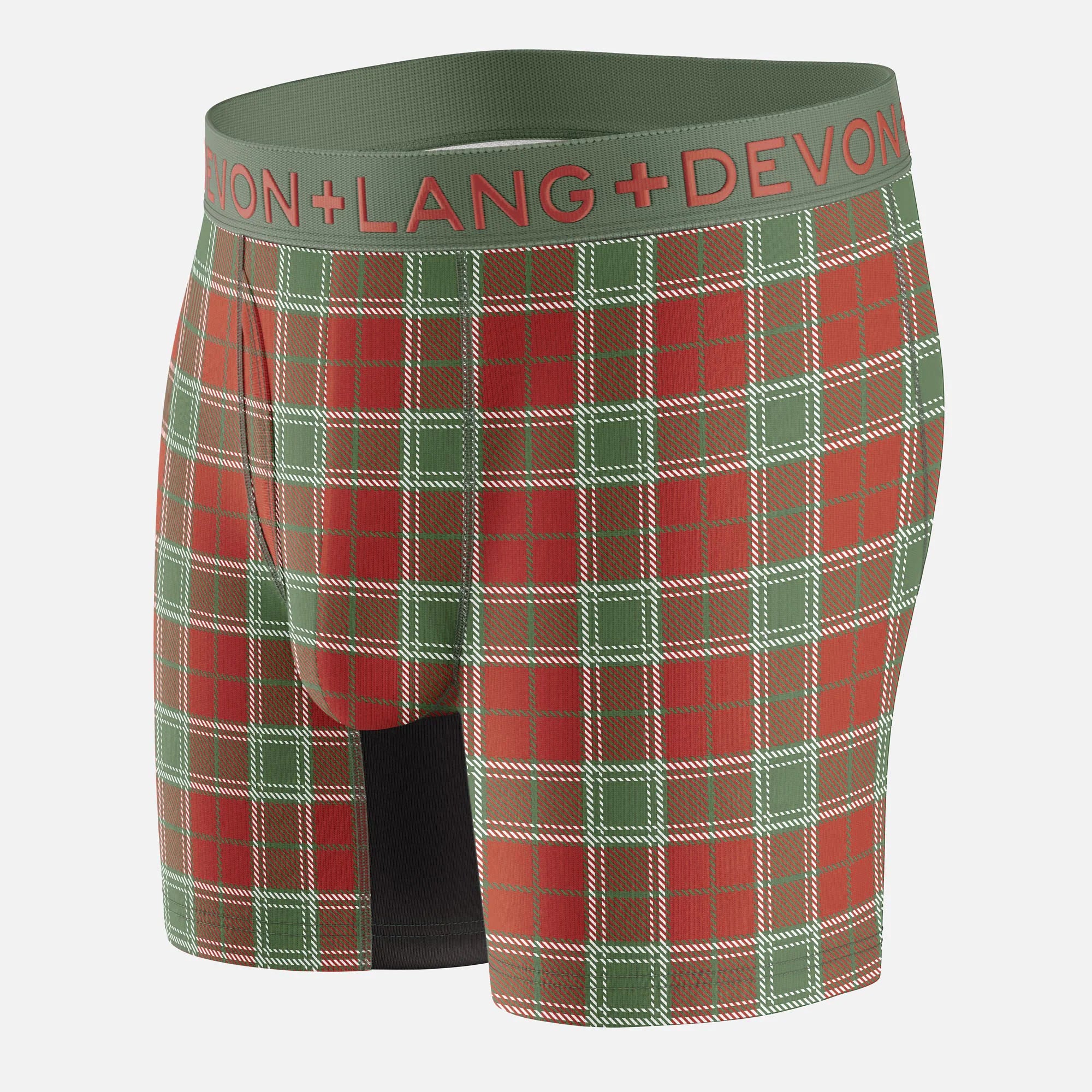 Plaid boxer briefs with a visible brand logo on a white background