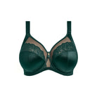 Green bra with lace details on a white background
