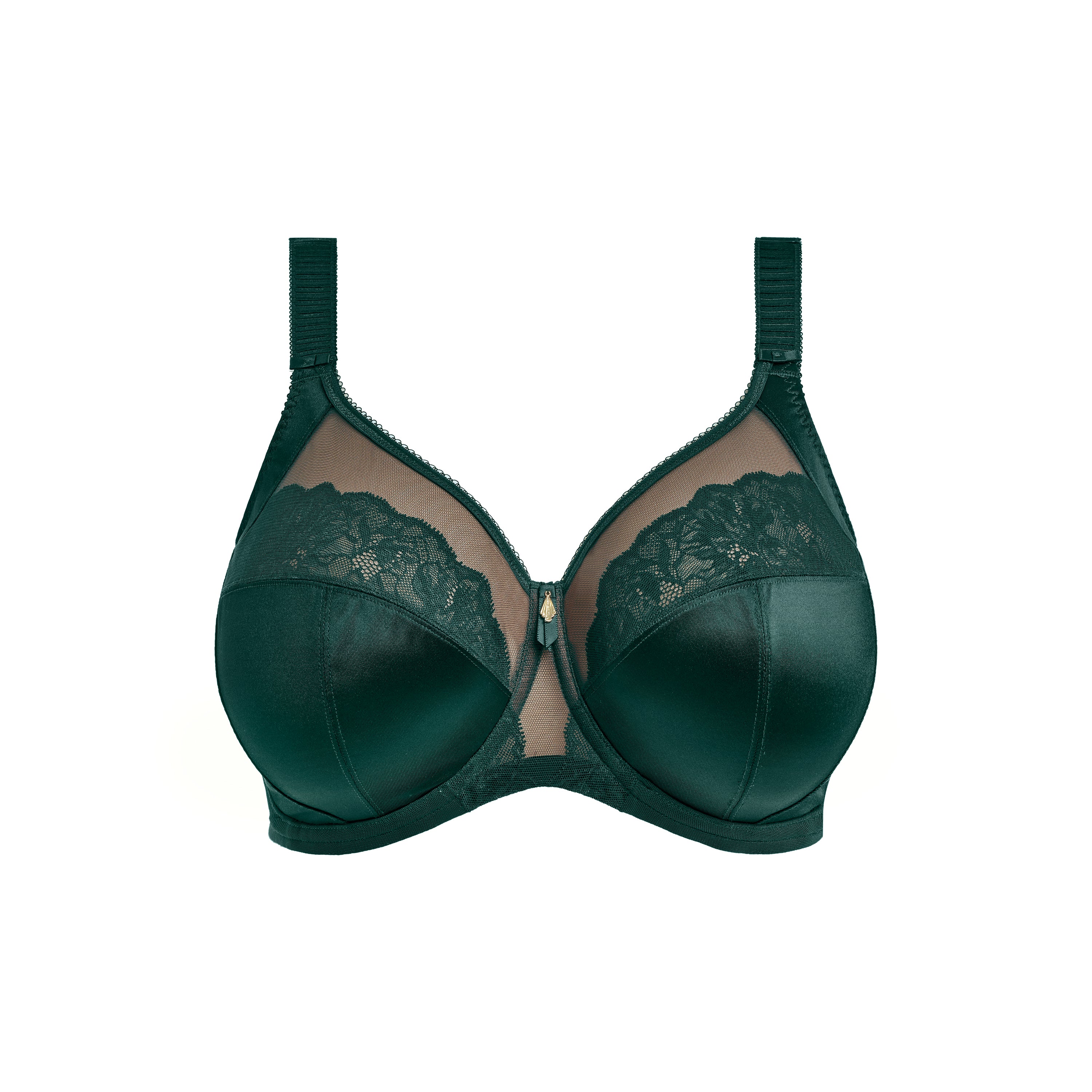 Green bra with lace details on a white background