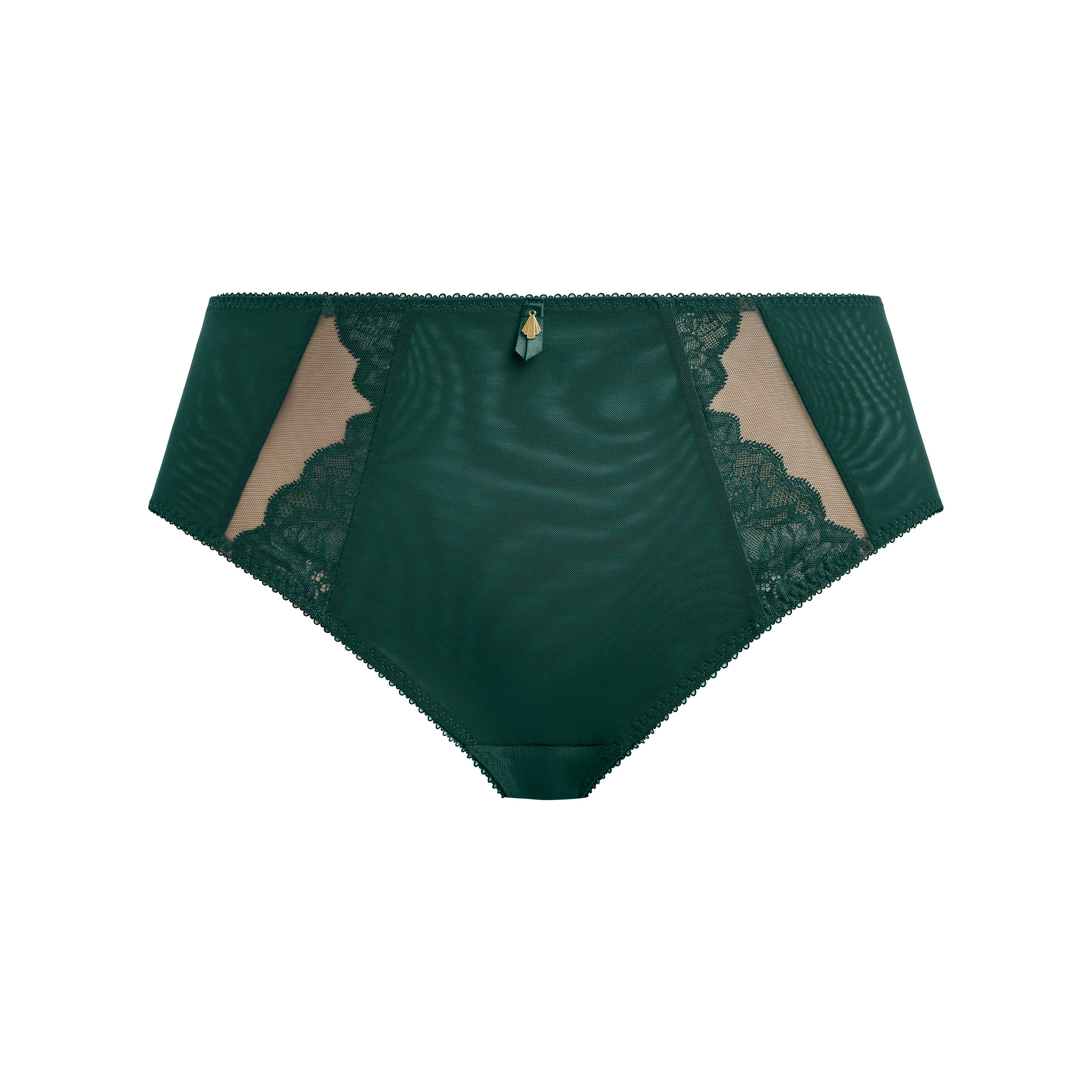 Green underwear with lace trim on a white background