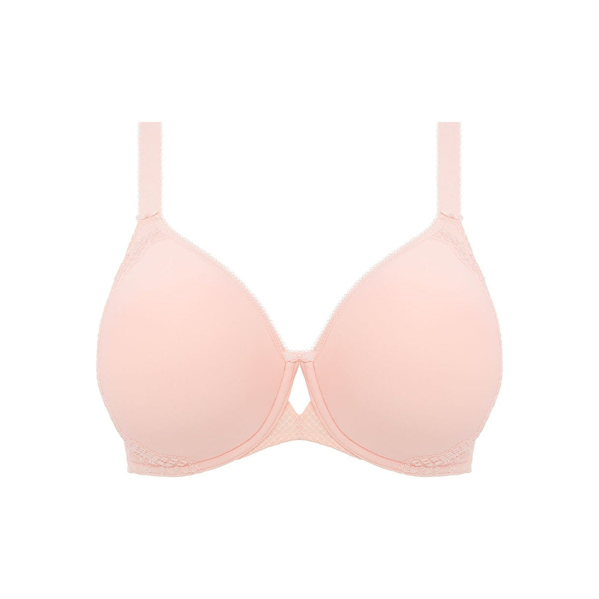 A pink moulded bra with floral lace details and a bandless design, featuring seamless spacer cups and a stretch lace overlay at the side of the cups.