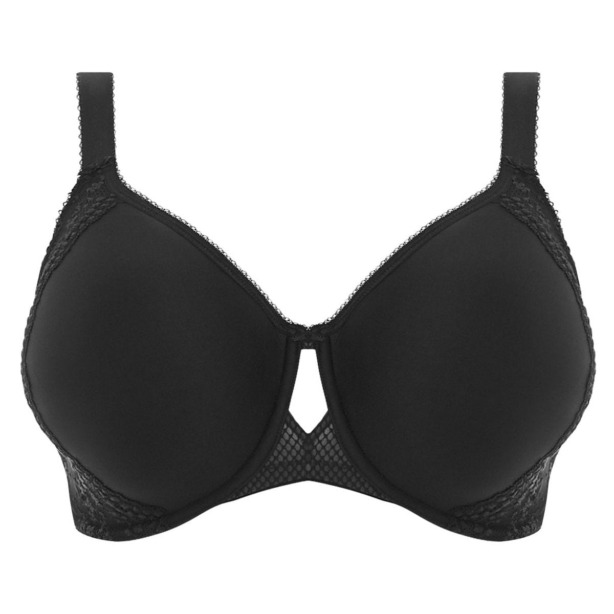 A black bra with seamless moulded cups and floral lace details.