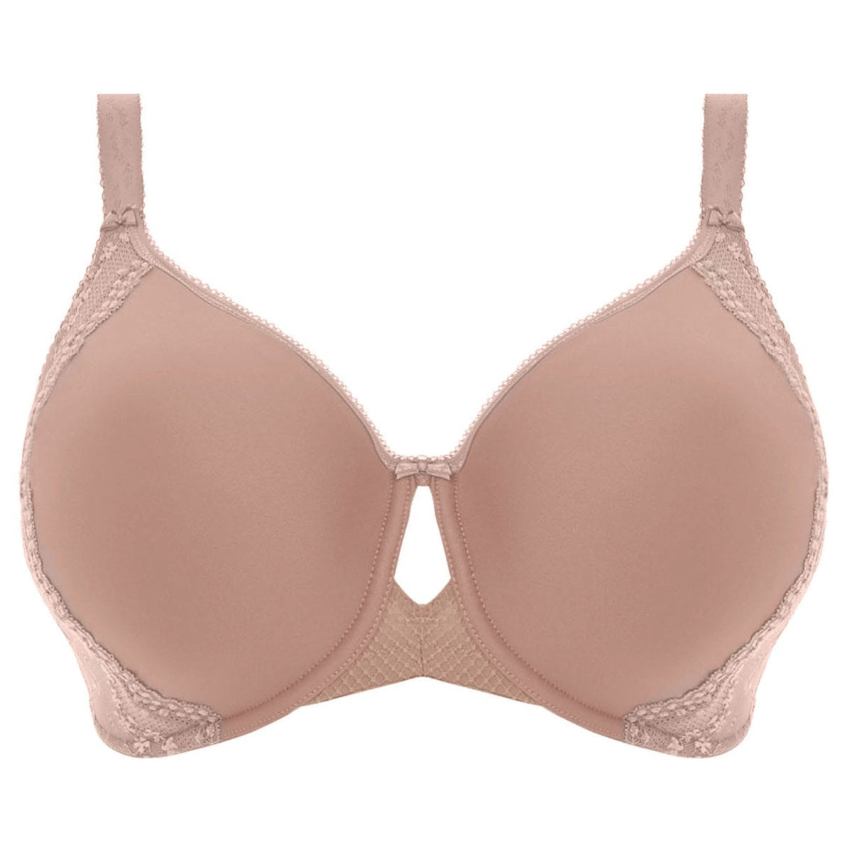 A beige moulded bra with floral lace details and a bandless design.