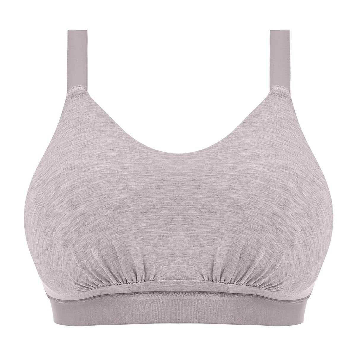 A gray Elomi Downtime Bralette with wide shoulder straps and a non-wired design.