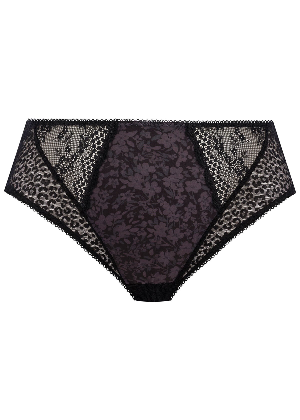 Black lace underwear with leopard print trim on a white background