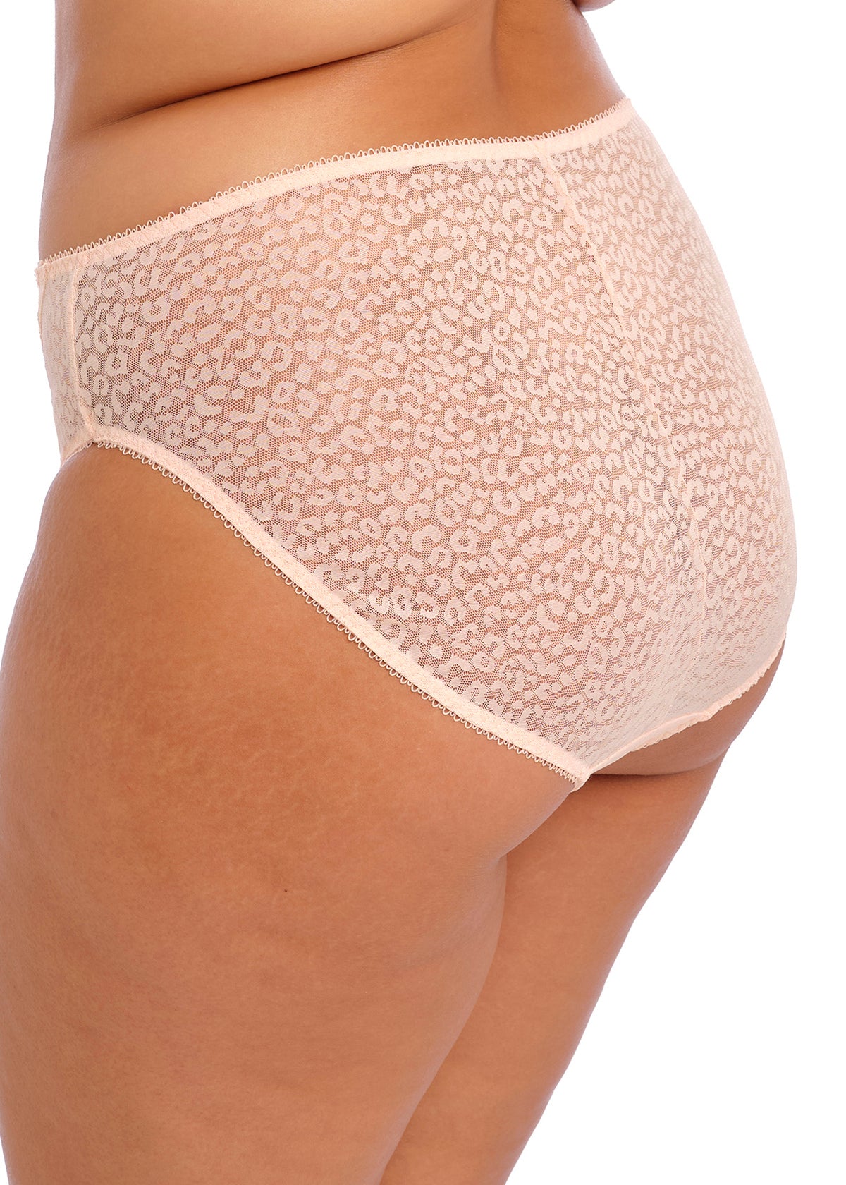 Blush pink lace underwear on a white background