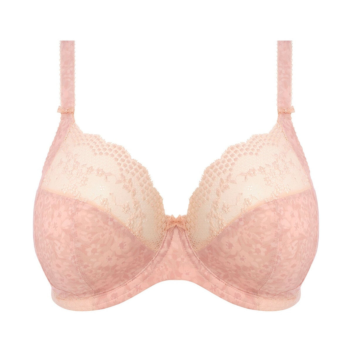 A pink floral lace bra against a white background.