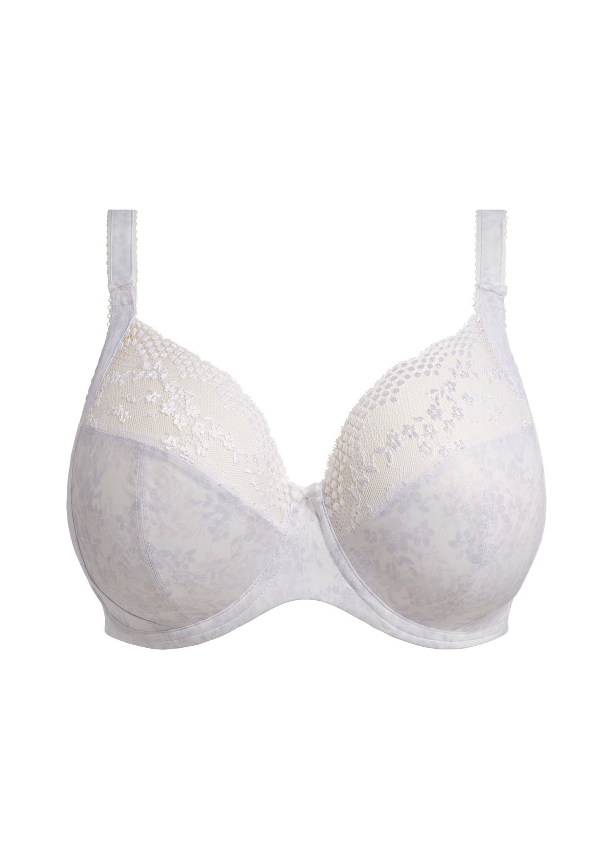 White bra with lace detailing on a white background