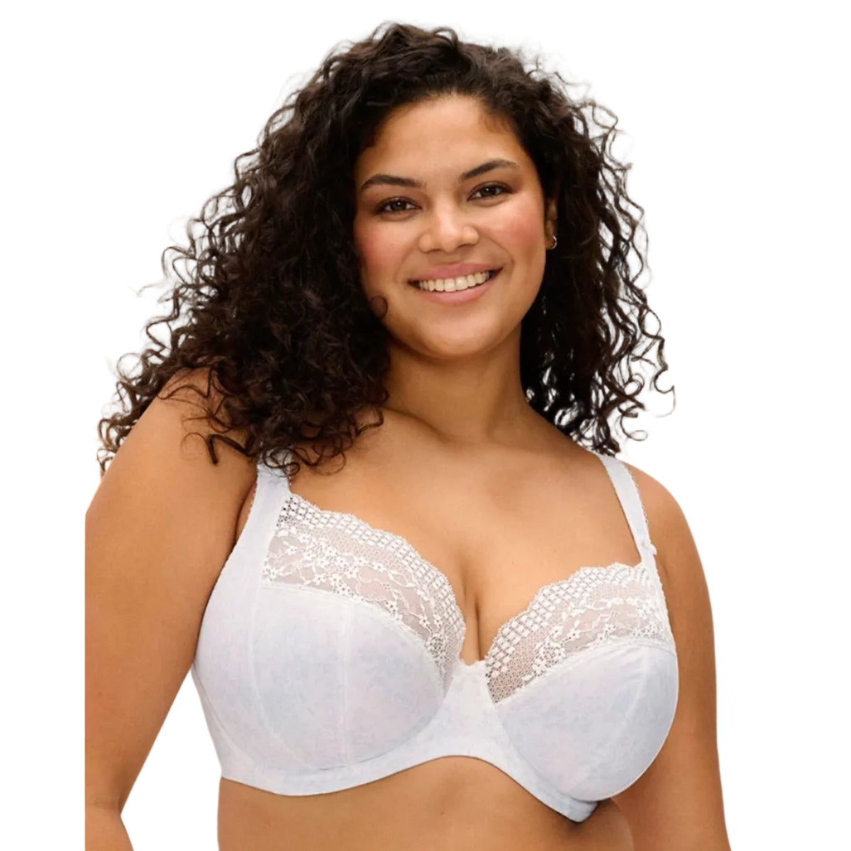 Elomi Lucie Plunge Bra in white shown on a model against a white background.