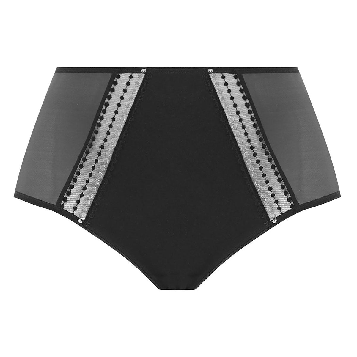 A black full brief underwear with bead effect embroidery and a sheer back.