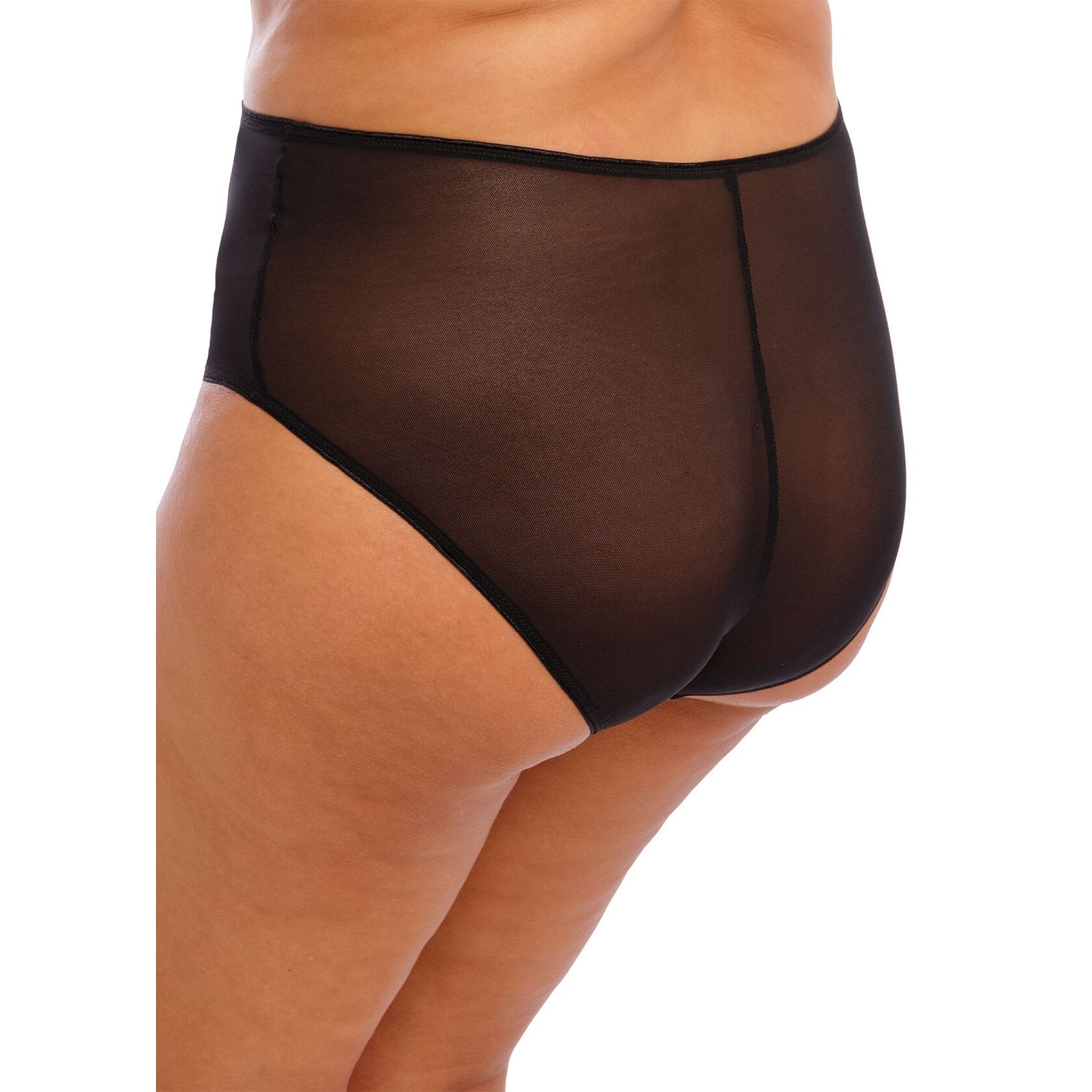 A person wearing a black mesh high rise panty.