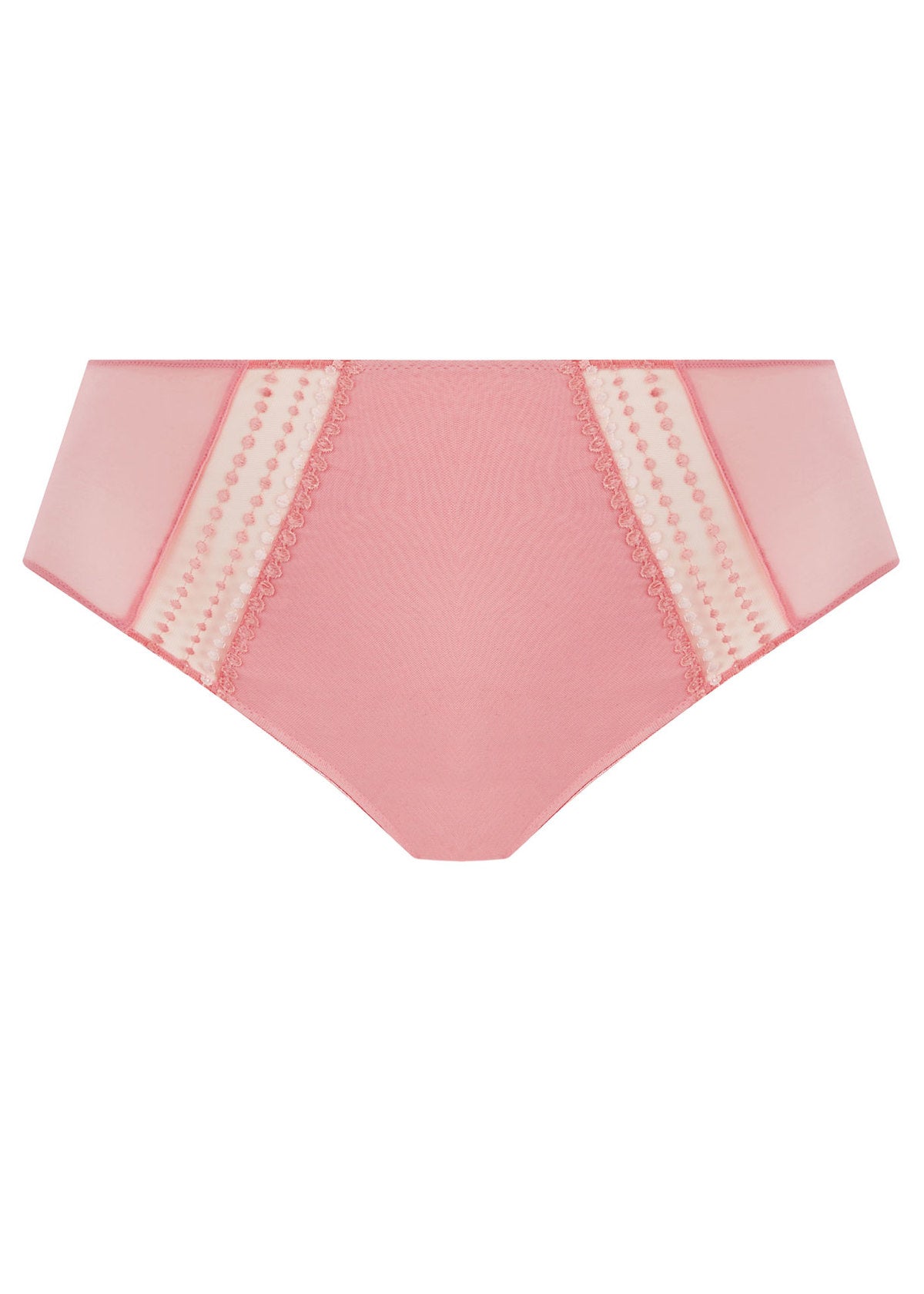 Pink underwear with mesh detail and polka dot trim on a white background