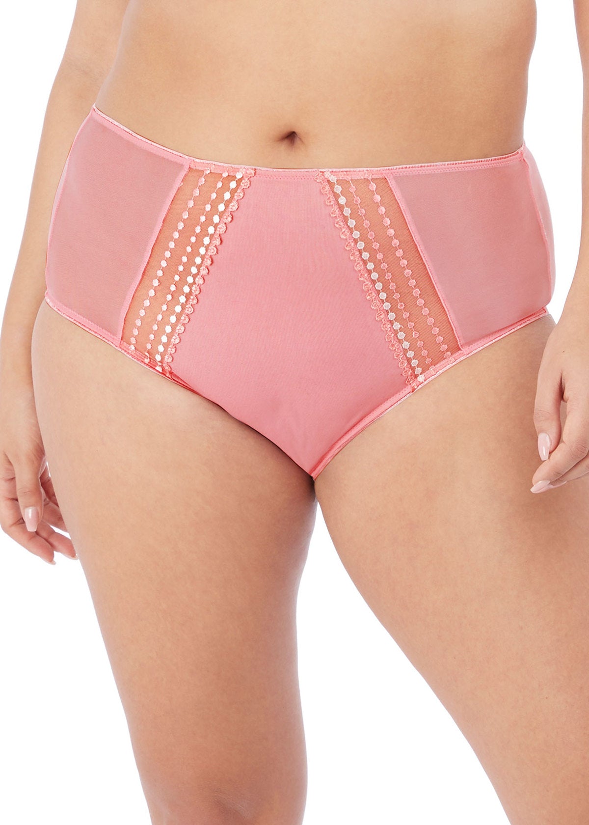 Pink high-waisted underwear with mesh panels on a white background