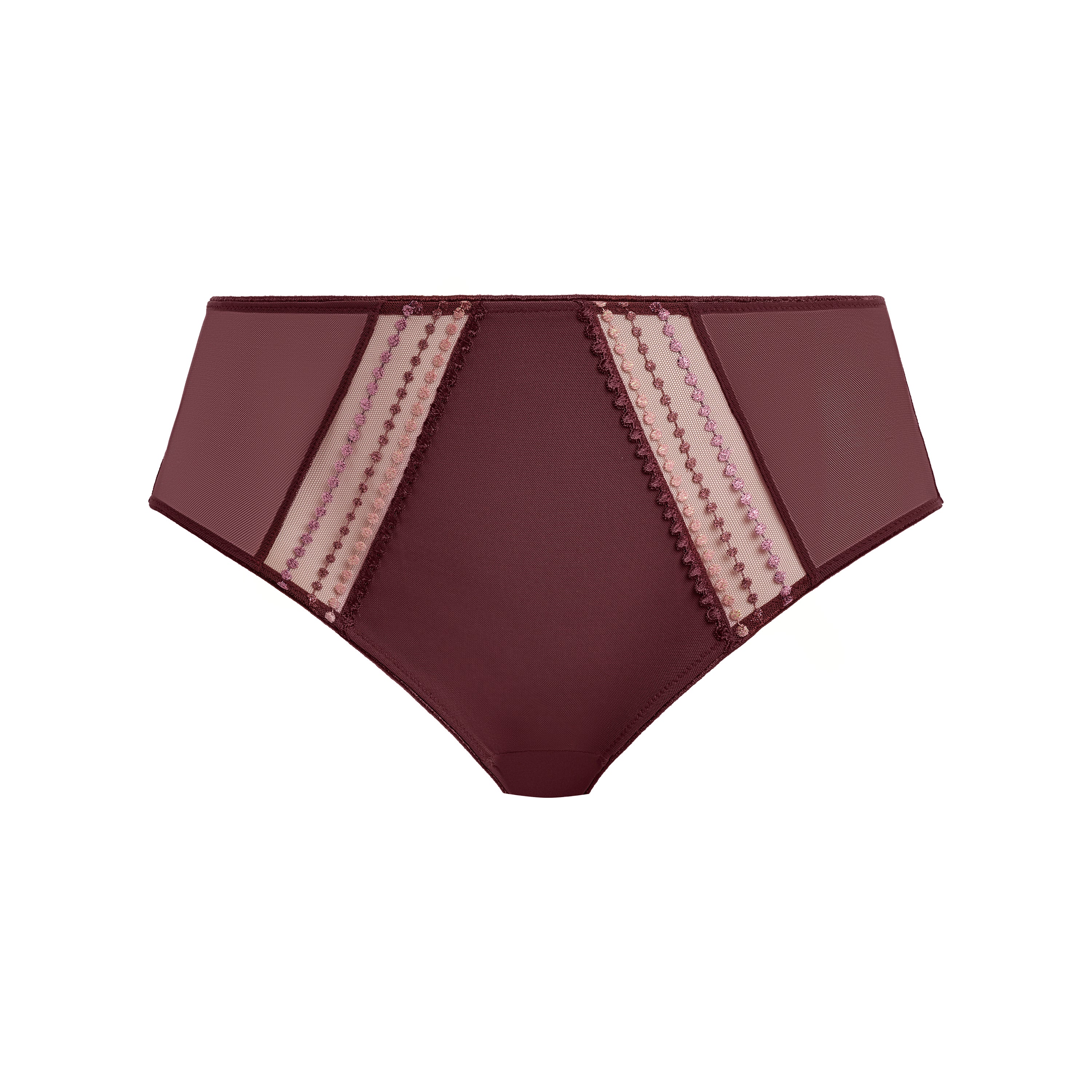 Maroon underwear with lace trim on a white background