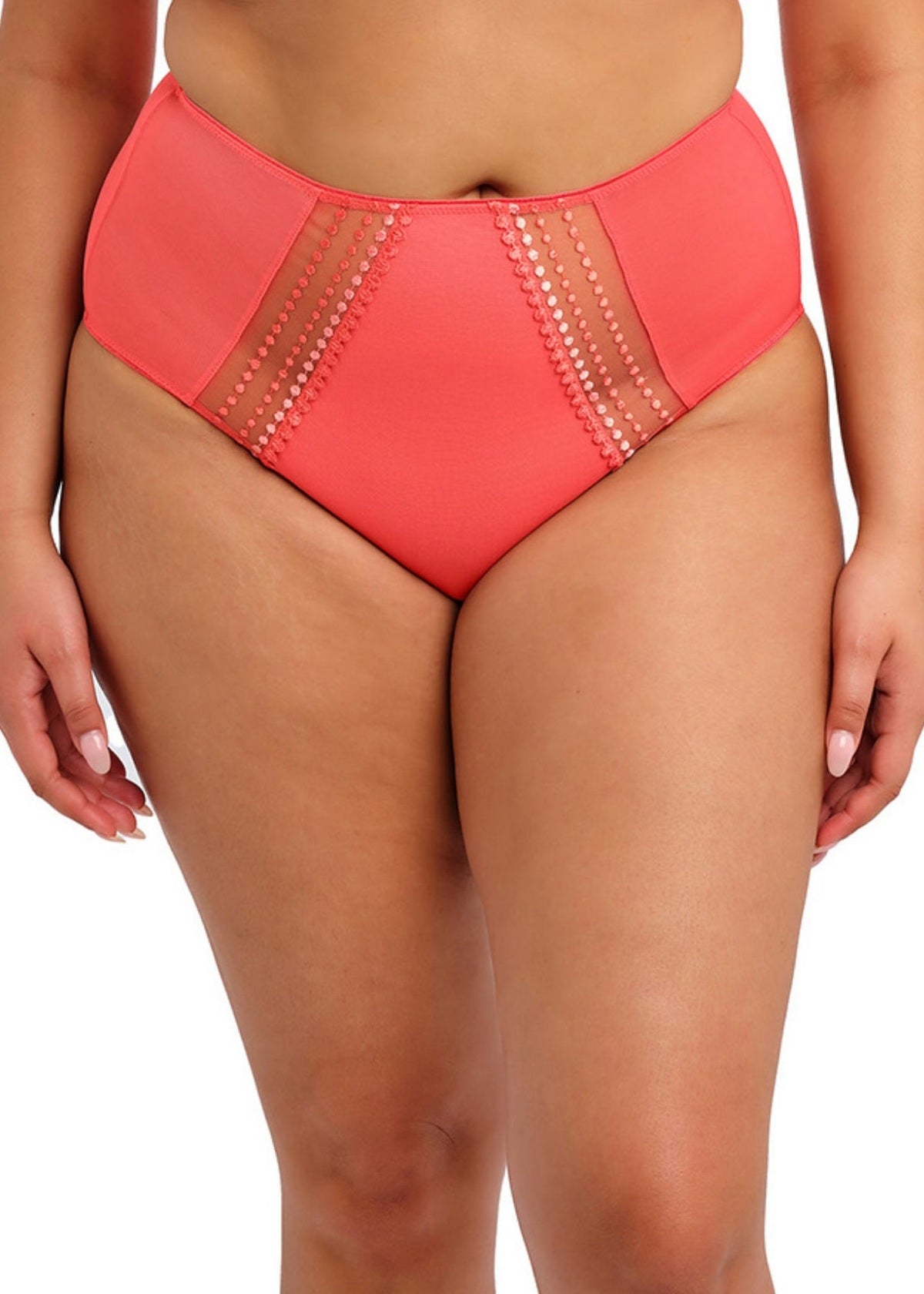 Coral high-waisted brief with embellishments on a white background