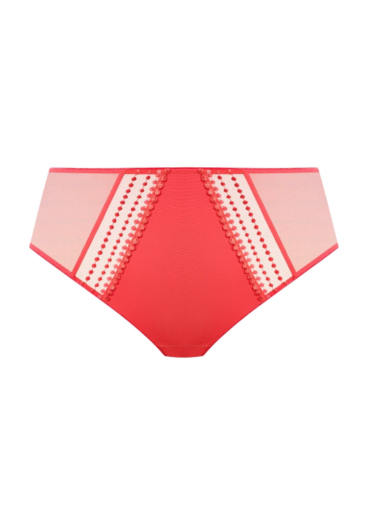 Coral full brief underwear with white polka dot trim on a white background