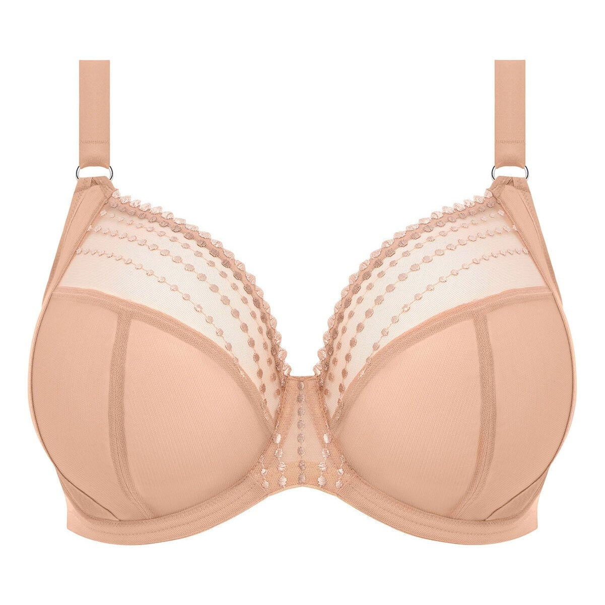 A beige-colored plunge bra with three-piece cups and side support, featuring contemporary bead embroidery and an elasticated neck edge.