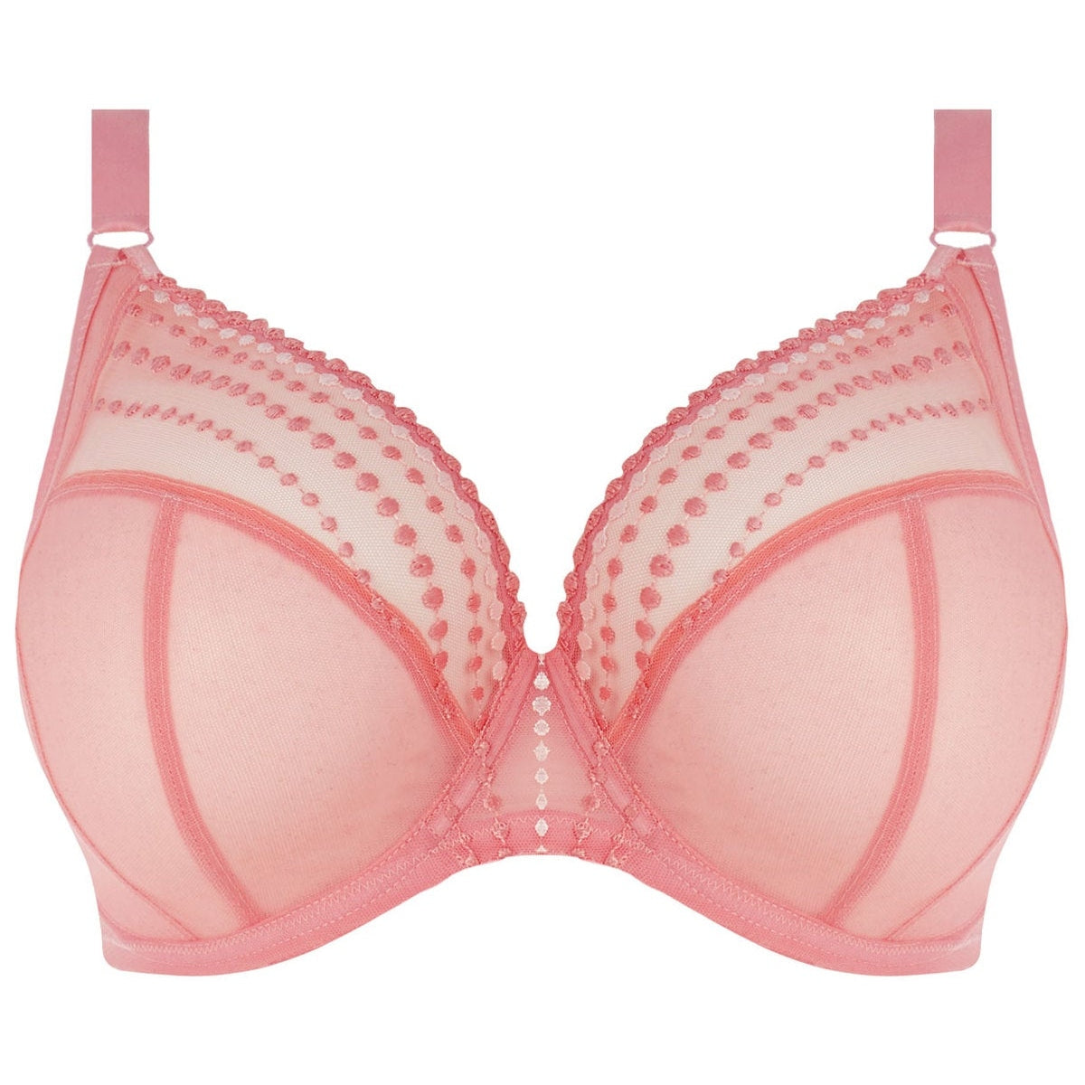 A pink Matilda Plunge Bra with three-piece cups and side support panels, featuring bead embroidery.